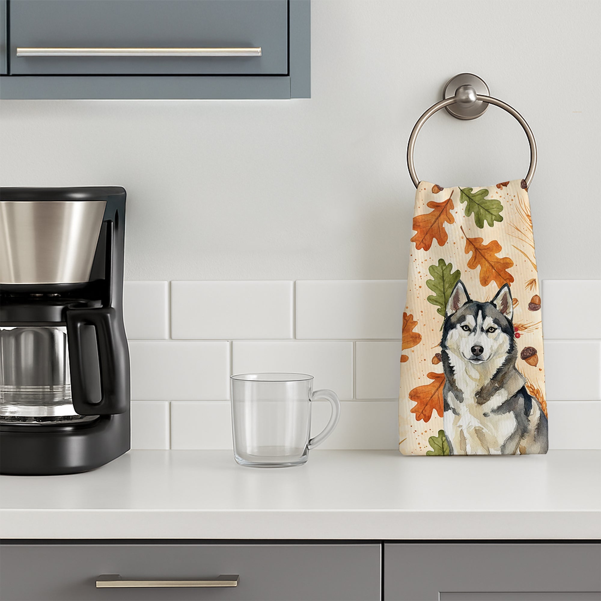 Agouti Siberian Husky Heirloom Fall Kitchen Towel Velour Plush Front and Cotton Loop Back Machine Washable