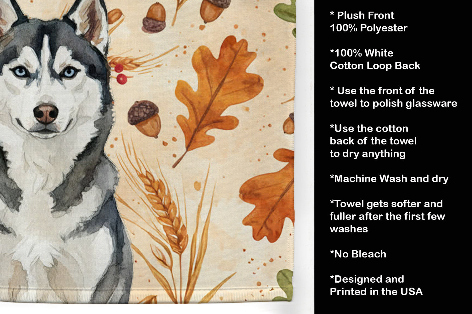 Siberian Husky Heirloom Fall Kitchen Towel Velour Plush Front and Cotton Loop Back Machine Washable