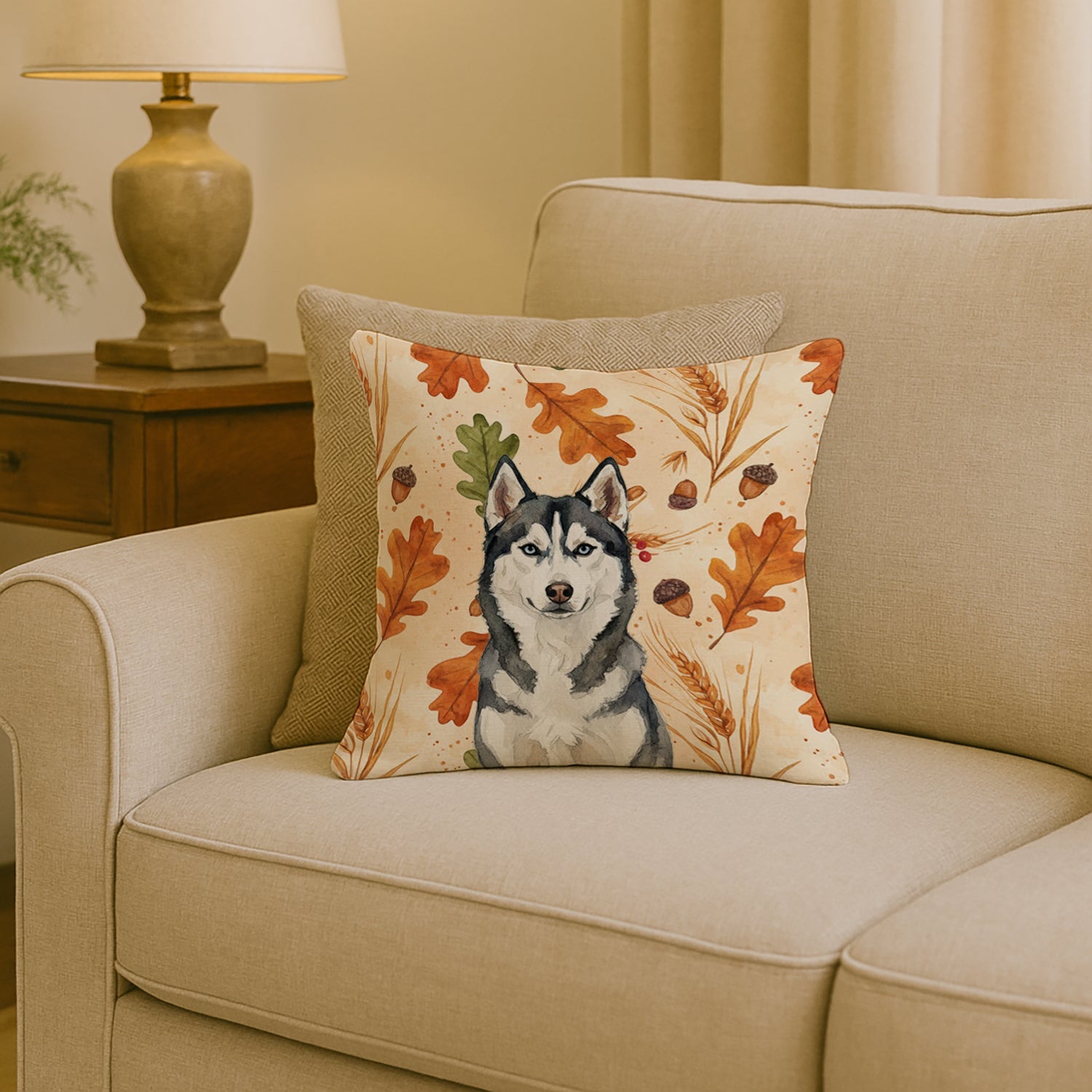 Siberian Husky Heirloom Fall Decorative Throw Pillow 18x18 Indoor Outdoor Accent Cushion, Fabric Cover with Insert for Sofa, Bed, Porch & Living Room