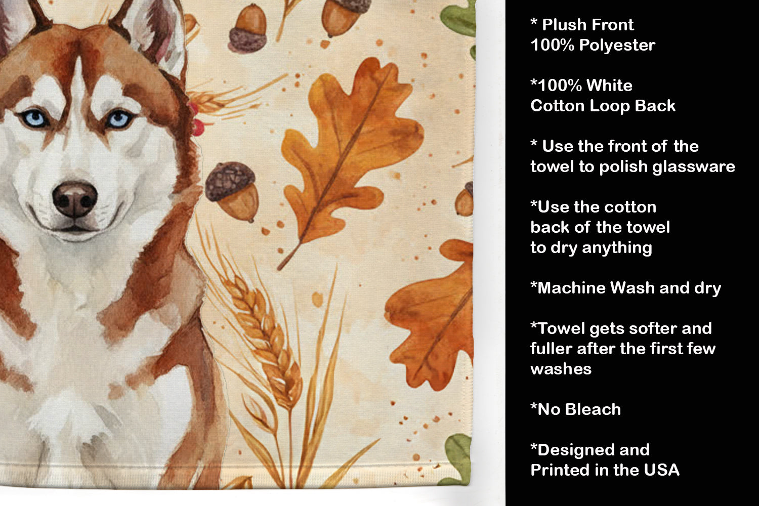 Red and White Siberian Husky Heirloom Fall Kitchen Towel Velour Plush Front and Cotton Loop Back Machine Washable