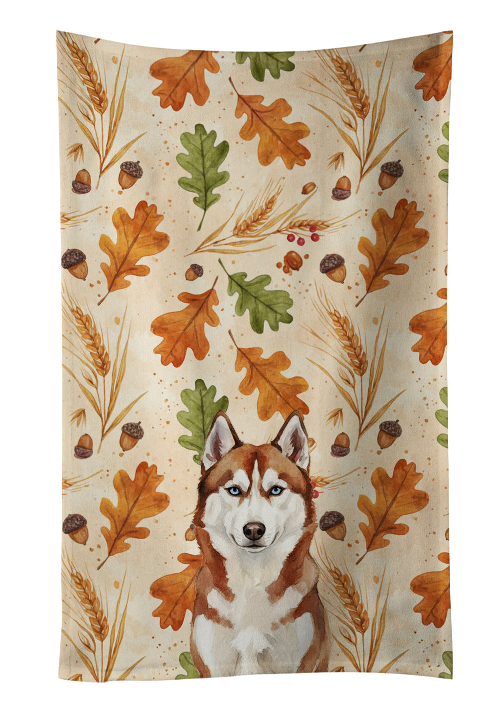 Red and White Siberian Husky Heirloom Fall Kitchen Towel Velour Plush Front and Cotton Loop Back Machine Washable