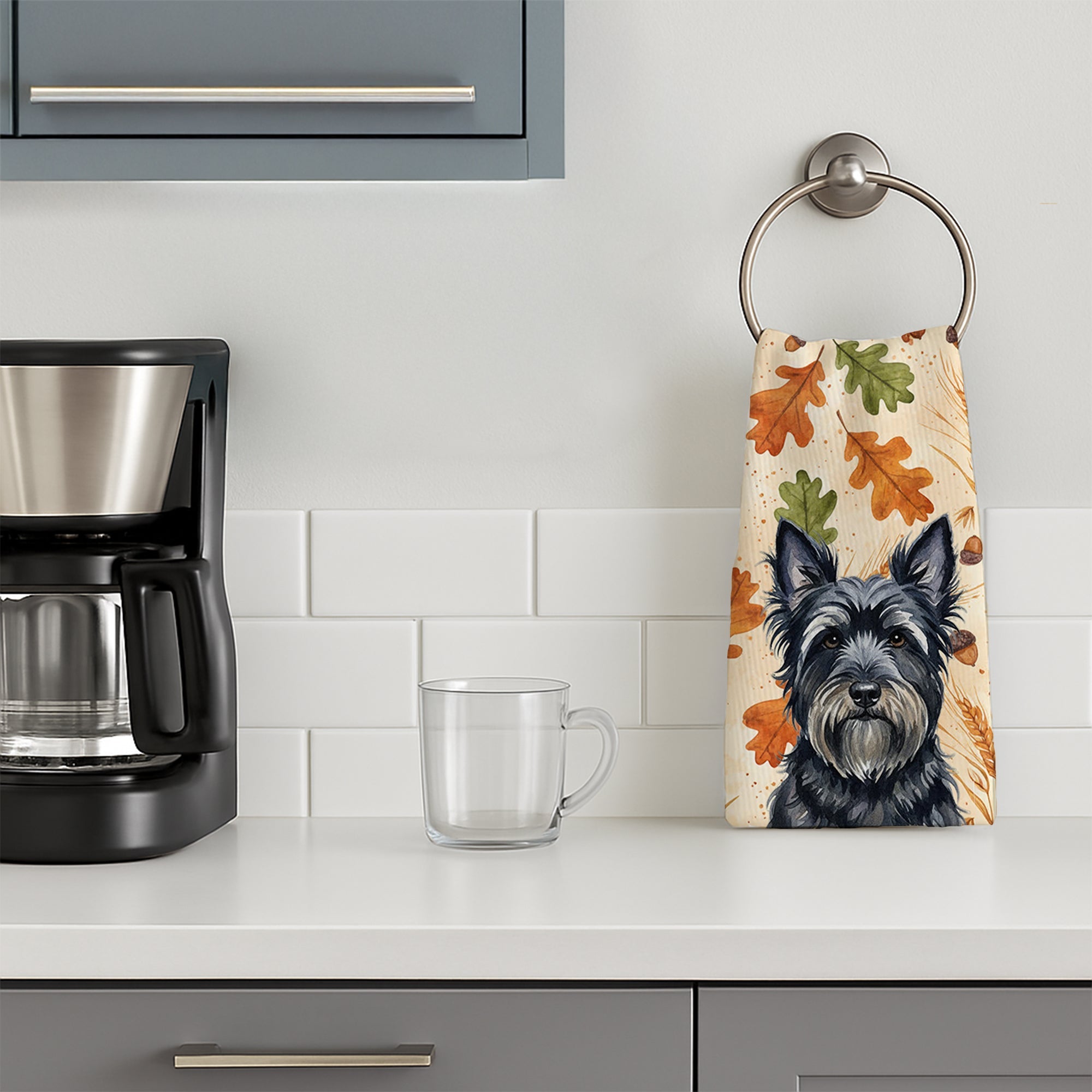 Black Skye Terrier Heirloom Fall Kitchen Towel Velour Plush Front and Cotton Loop Back Machine Washable