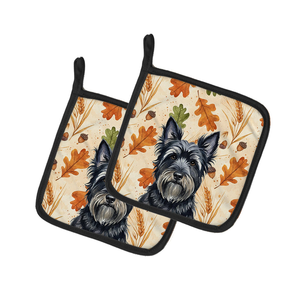 Black Skye Terrier Heirloom Fall Pot Holder Set of 2 Heat Resistant Quilted Hot Pads 7.5 x 7.5 Inch, Insulated Kitchen Trivets for Cooking & Baking