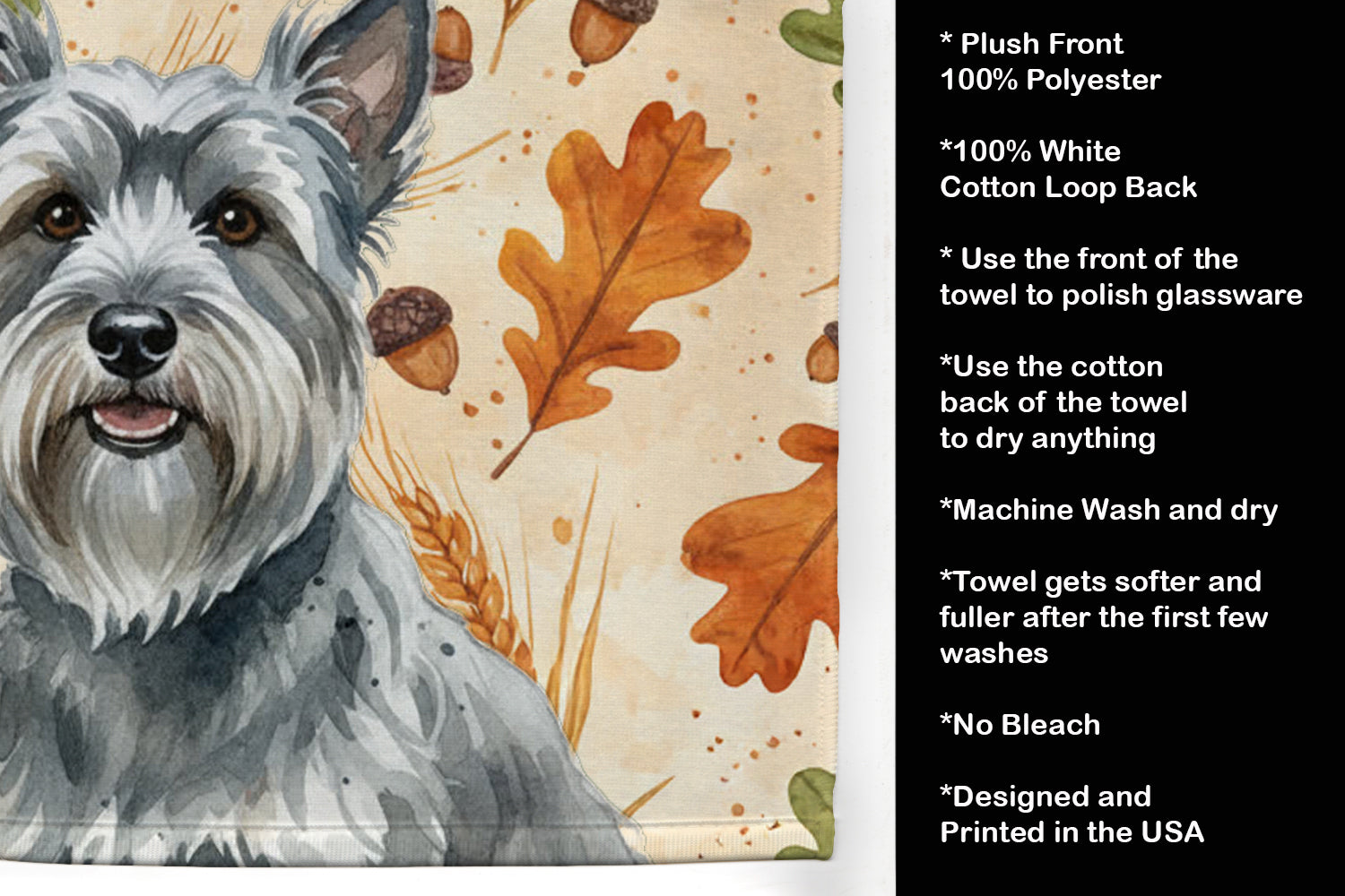 Gray Skye Terrier Heirloom Fall Kitchen Towel Velour Plush Front and Cotton Loop Back Machine Washable