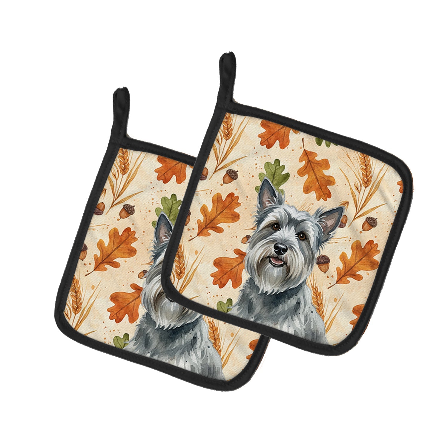 Gray Skye Terrier Heirloom Fall Pot Holder Set of 2 Heat Resistant Quilted Hot Pads 7.5 x 7.5 Inch, Insulated Kitchen Trivets for Cooking & Baking