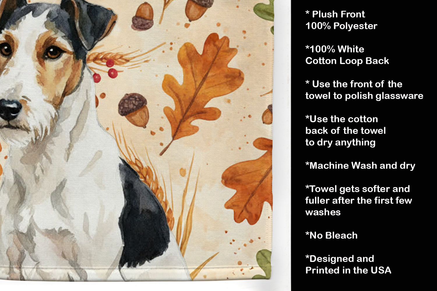 Smooth Fox Terrier Heirloom Fall Kitchen Towel Velour Plush Front and Cotton Loop Back Machine Washable