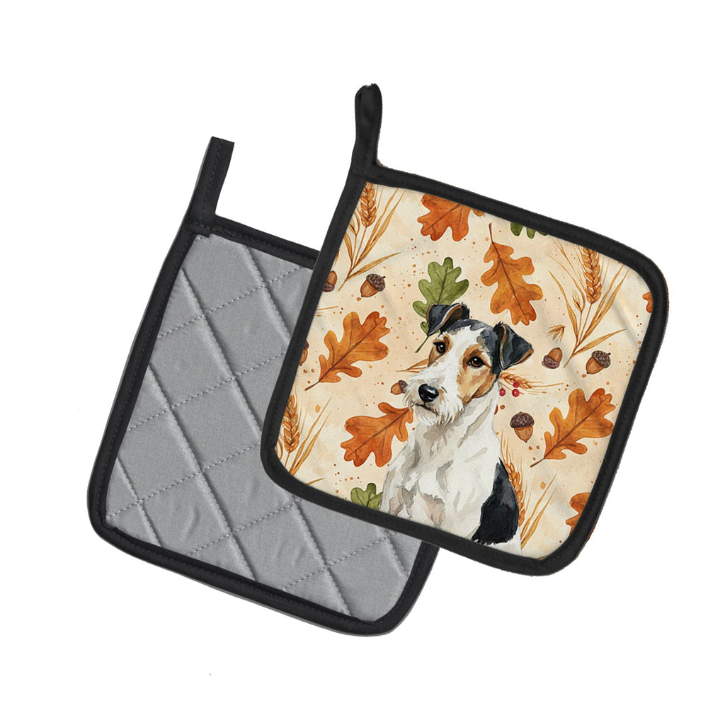 Smooth Fox Terrier Heirloom Fall Pot Holder Set of 2 Heat Resistant Quilted Hot Pads 7.5 x 7.5 Inch, Insulated Kitchen Trivets for Cooking & Baking