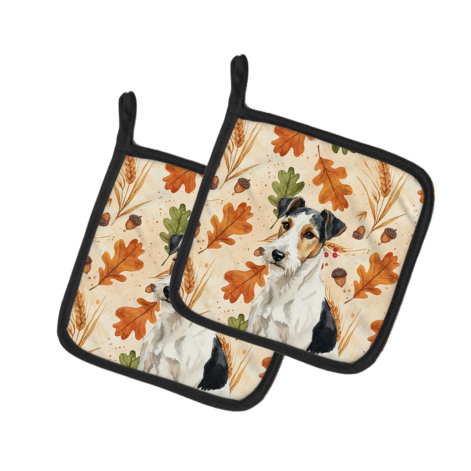 Smooth Fox Terrier Heirloom Fall Pot Holder Set of 2 Heat Resistant Quilted Hot Pads 7.5 x 7.5 Inch, Insulated Kitchen Trivets for Cooking & Baking