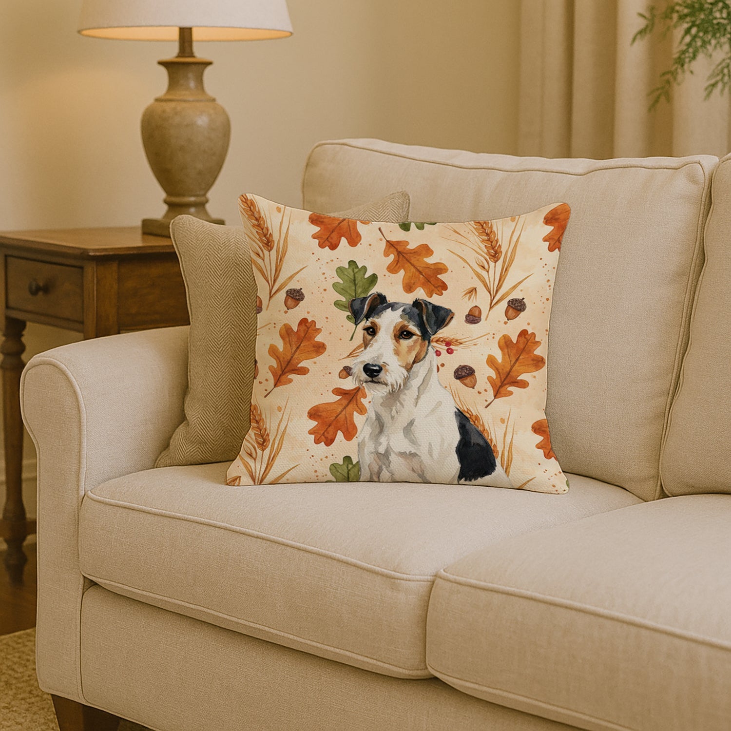 Smooth Fox Terrier Heirloom Fall Decorative Throw Pillow 14x14 Indoor Outdoor Accent Cushion, Fabric Cover with Insert for Sofa, Bed, Porch & Living Room