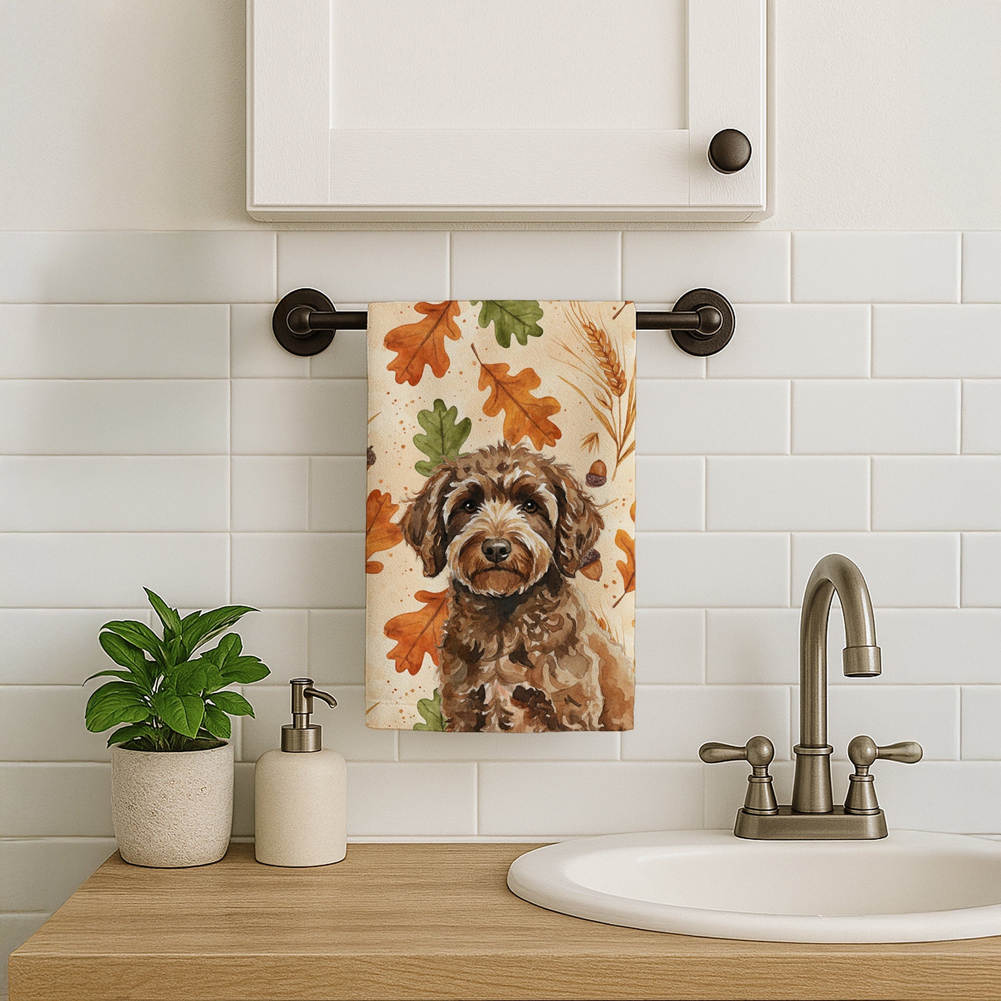 Spanish Water Dog Heirloom Fall Kitchen Towel Velour Plush Front and Cotton Loop Back Machine Washable