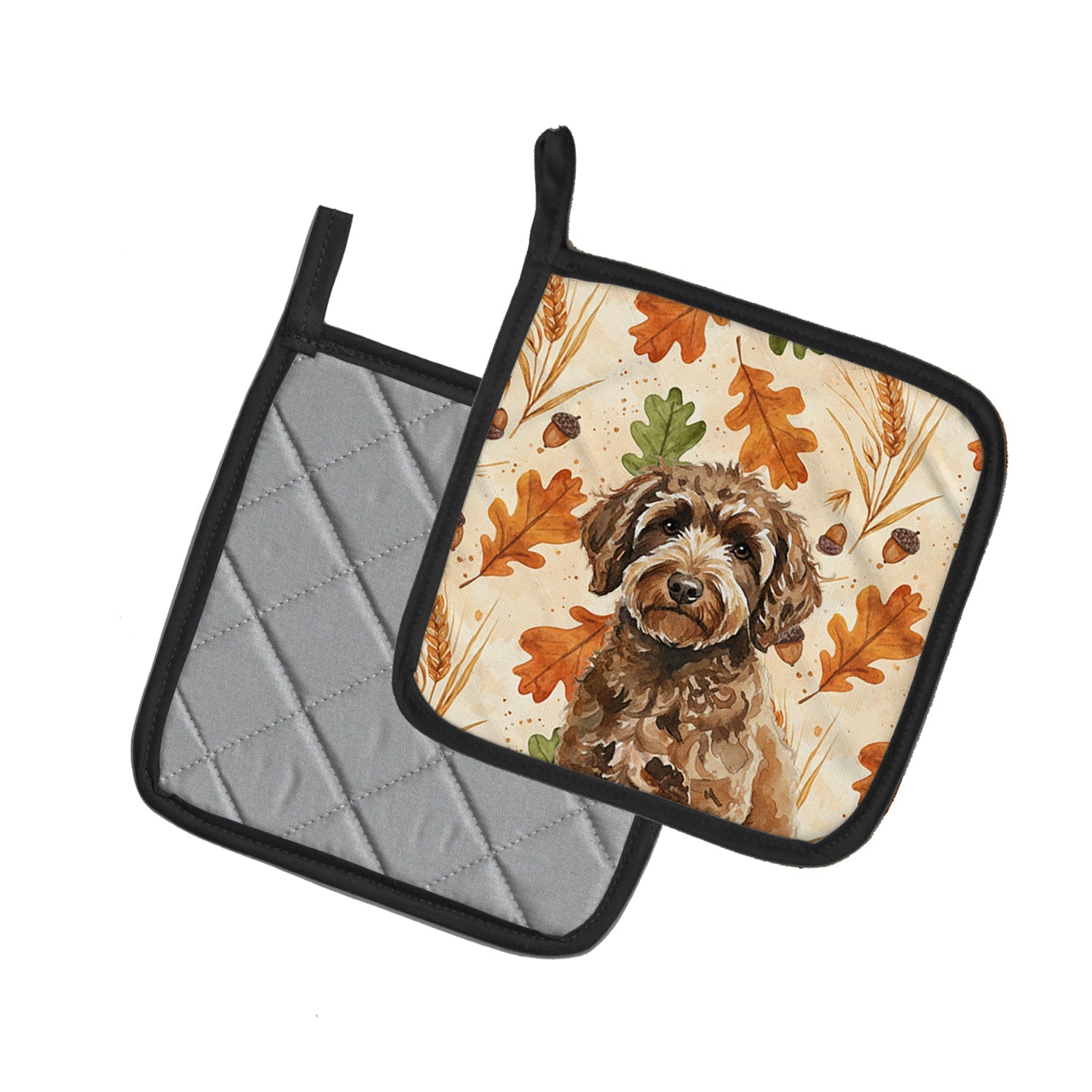 Spanish Water Dog Heirloom Fall Pot Holder Set of 2 Heat Resistant Quilted Hot Pads 7.5 x 7.5 Inch, Insulated Kitchen Trivets for Cooking & Baking