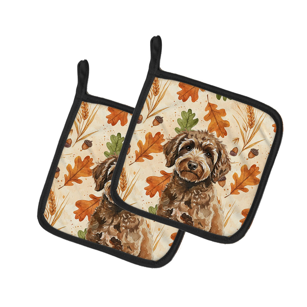 Spanish Water Dog Heirloom Fall Pot Holder Set of 2 Heat Resistant Quilted Hot Pads 7.5 x 7.5 Inch, Insulated Kitchen Trivets for Cooking & Baking
