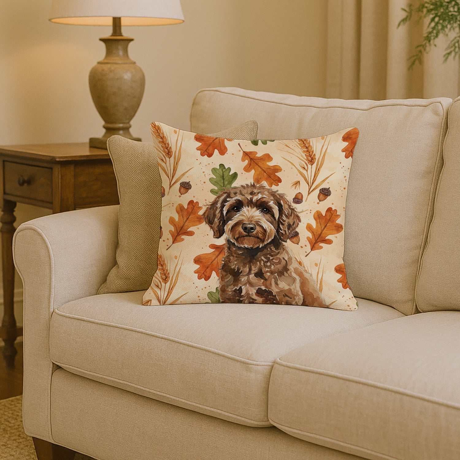 Spanish Water Dog Heirloom Fall Decorative Throw Pillow 14x14 Indoor Outdoor Accent Cushion, Fabric Cover with Insert for Sofa, Bed, Porch & Living Room