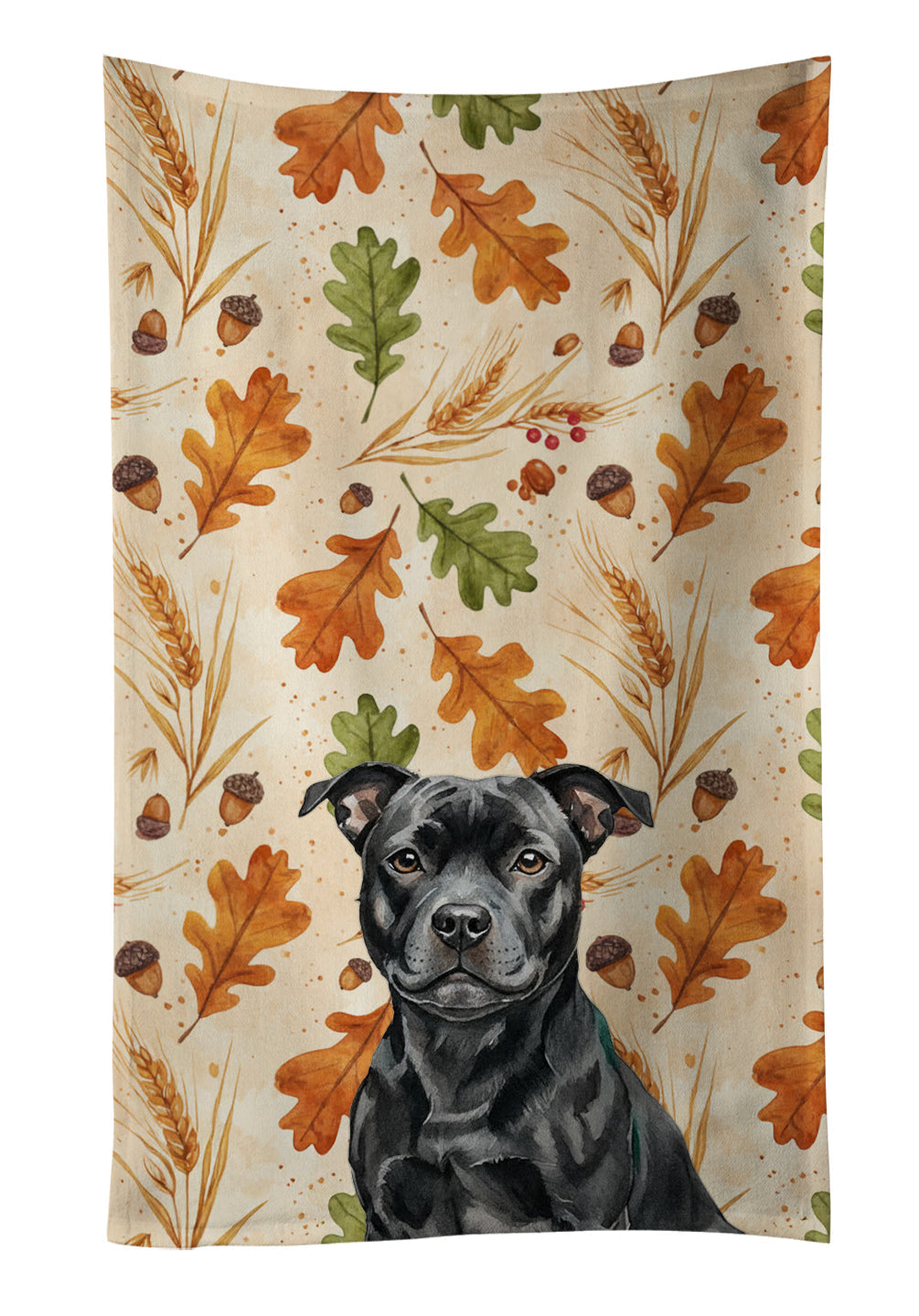 Black Staffordshire Bull Terrier Heirloom Fall Kitchen Towel Velour Plush Front and Cotton Loop Back Machine Washable