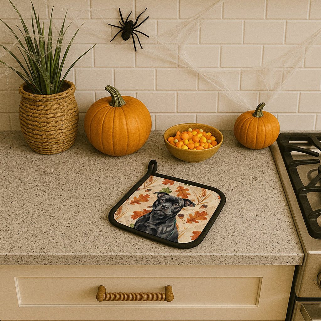 Black Staffordshire Bull Terrier Heirloom Fall Pot Holder Set of 2 Heat Resistant Quilted Hot Pads 7.5 x 7.5 Inch, Insulated Kitchen Trivets for Cooking & Baking