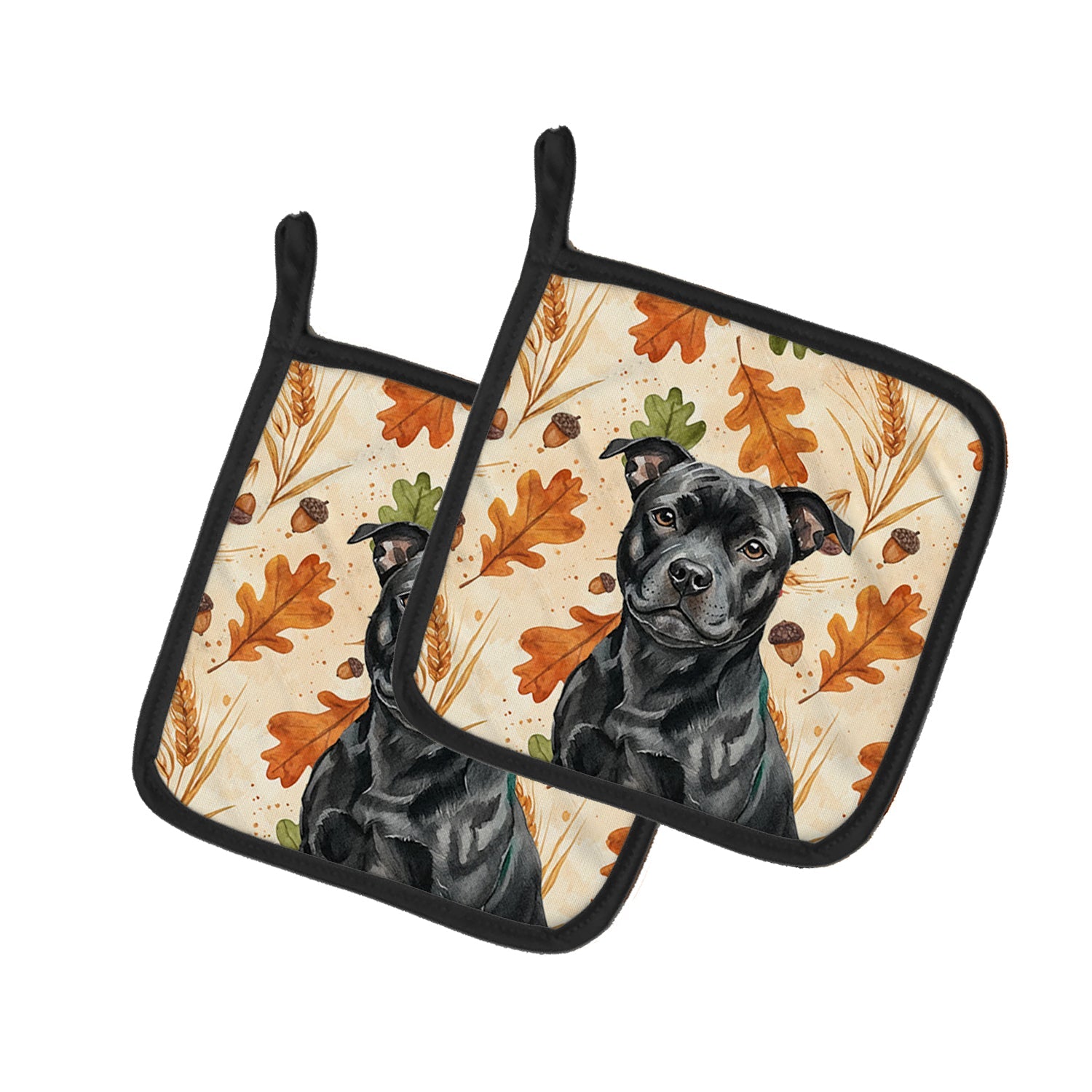 Black Staffordshire Bull Terrier Heirloom Fall Pot Holder Set of 2 Heat Resistant Quilted Hot Pads 7.5 x 7.5 Inch, Insulated Kitchen Trivets for Cooking & Baking