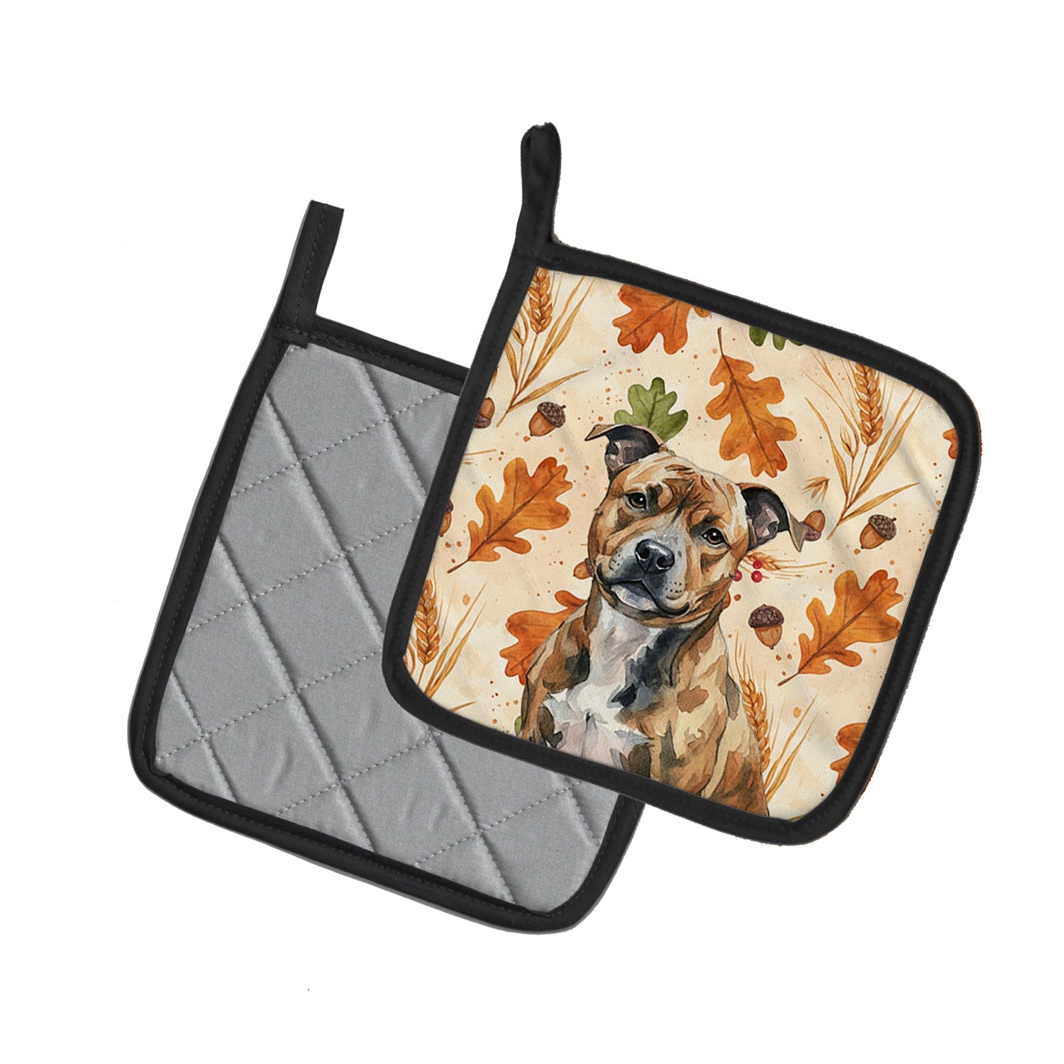Brindle Staffordshire Bull Terrier Heirloom Fall Pot Holder Set of 2 Heat Resistant Quilted Hot Pads 7.5 x 7.5 Inch, Insulated Kitchen Trivets for Cooking & Baking