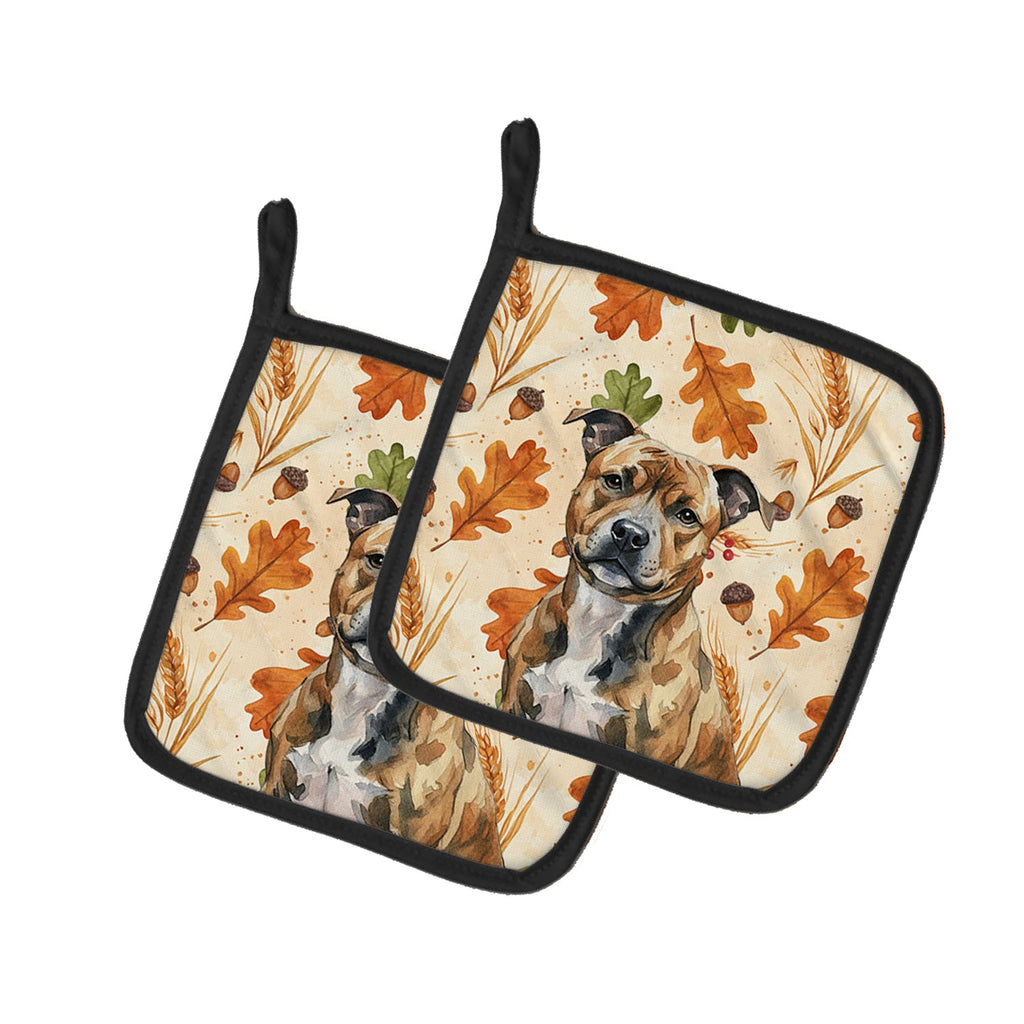 Brindle Staffordshire Bull Terrier Heirloom Fall Pot Holder Set of 2 Heat Resistant Quilted Hot Pads 7.5 x 7.5 Inch, Insulated Kitchen Trivets for Cooking & Baking