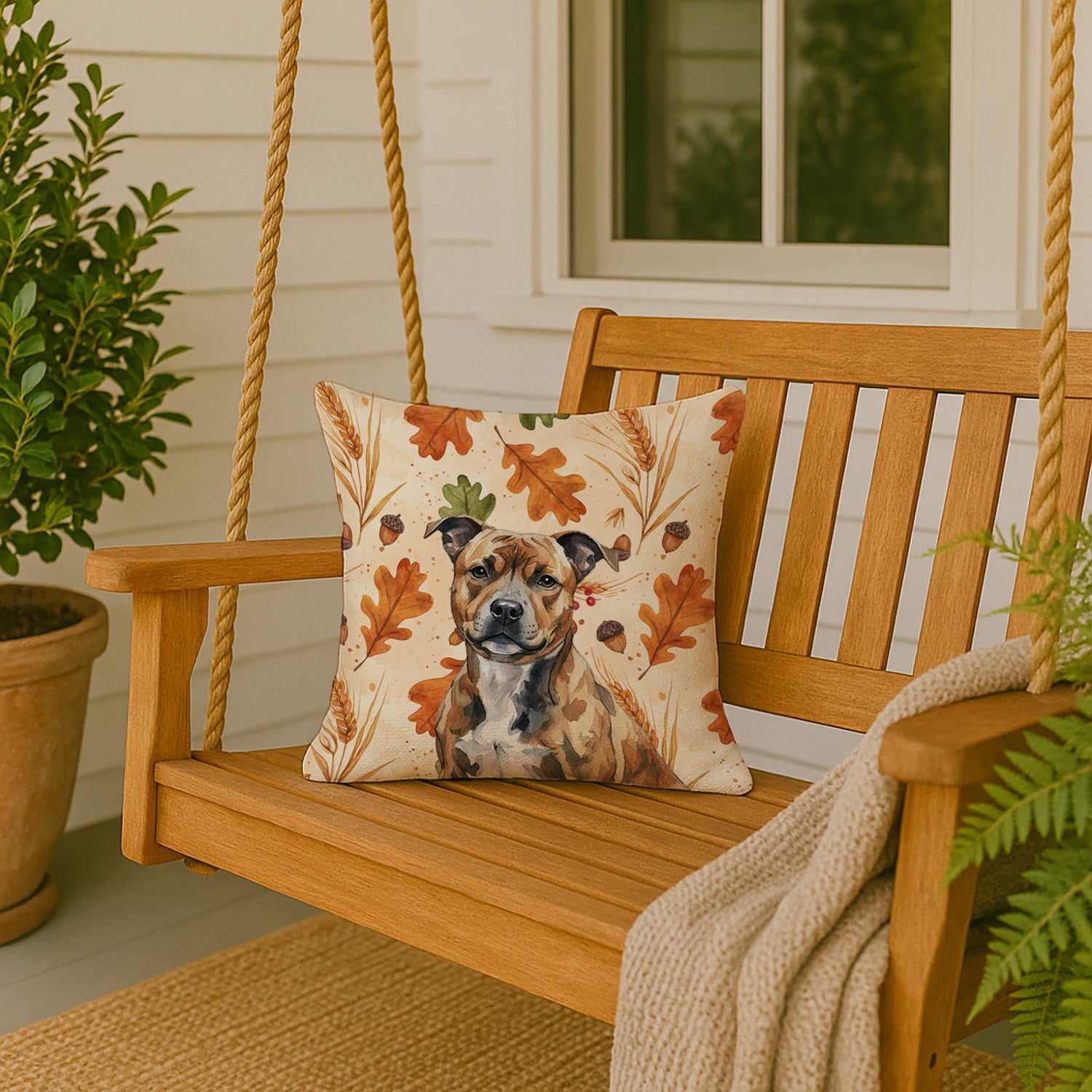Brindle Staffordshire Bull Terrier Heirloom Fall Decorative Throw Pillow 18x18 Indoor Outdoor Accent Cushion, Fabric Cover with Insert for Sofa, Bed, Porch & Living Room