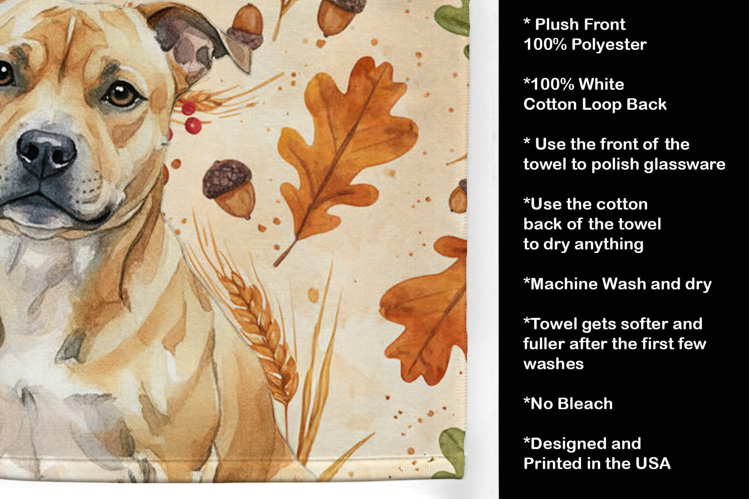 Fawn Staffordshire Bull Terrier Heirloom Fall Kitchen Towel Velour Plush Front and Cotton Loop Back Machine Washable