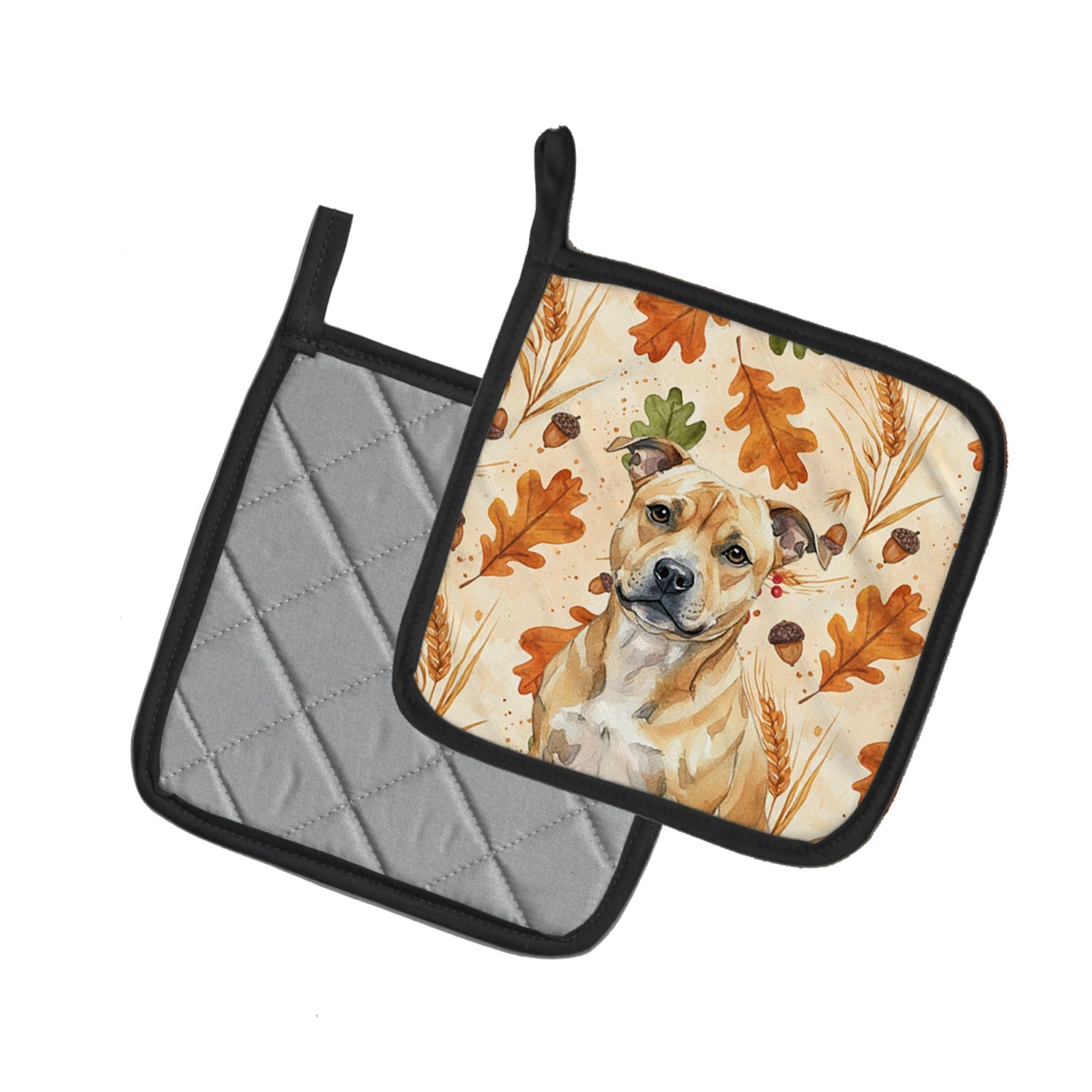 Fawn Staffordshire Bull Terrier Heirloom Fall Pot Holder Set of 2 Heat Resistant Quilted Hot Pads 7.5 x 7.5 Inch, Insulated Kitchen Trivets for Cooking & Baking