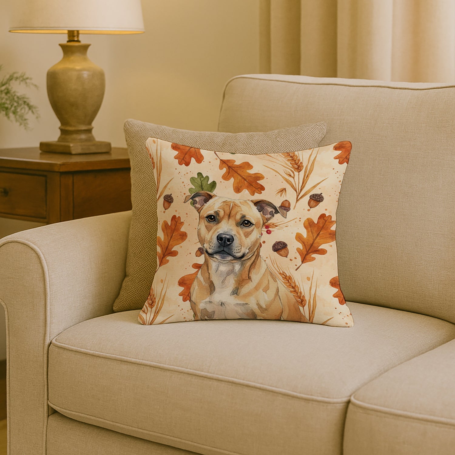 Fawn Staffordshire Bull Terrier Heirloom Fall Decorative Throw Pillow 18x18 Indoor Outdoor Accent Cushion, Fabric Cover with Insert for Sofa, Bed, Porch & Living Room
