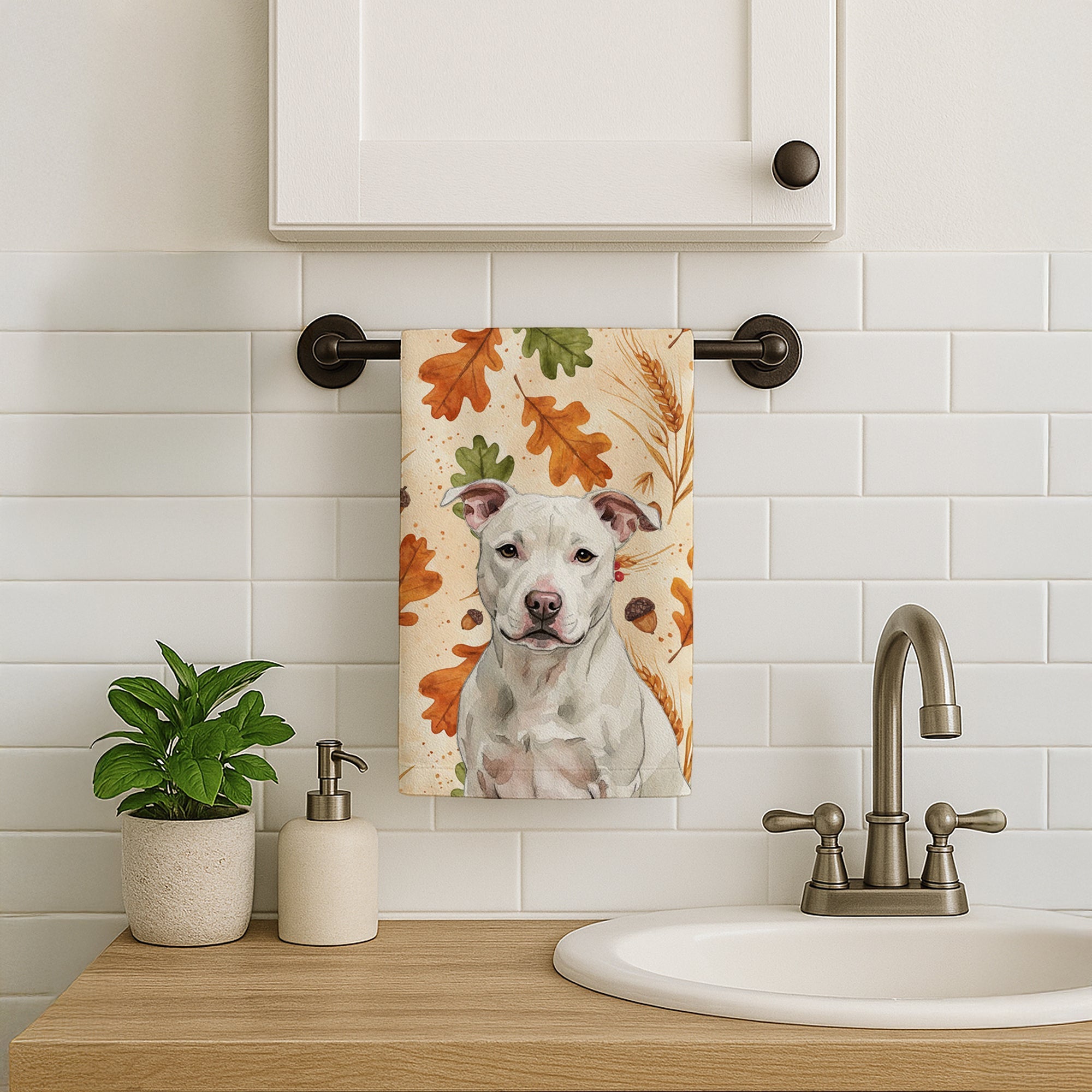 White Staffordshire Bull Terrier Heirloom Fall Kitchen Towel Velour Plush Front and Cotton Loop Back Machine Washable