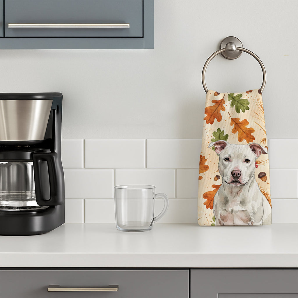 White Staffordshire Bull Terrier Heirloom Fall Kitchen Towel Velour Plush Front and Cotton Loop Back Machine Washable