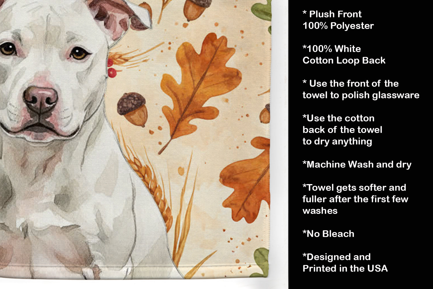 White Staffordshire Bull Terrier Heirloom Fall Kitchen Towel Velour Plush Front and Cotton Loop Back Machine Washable