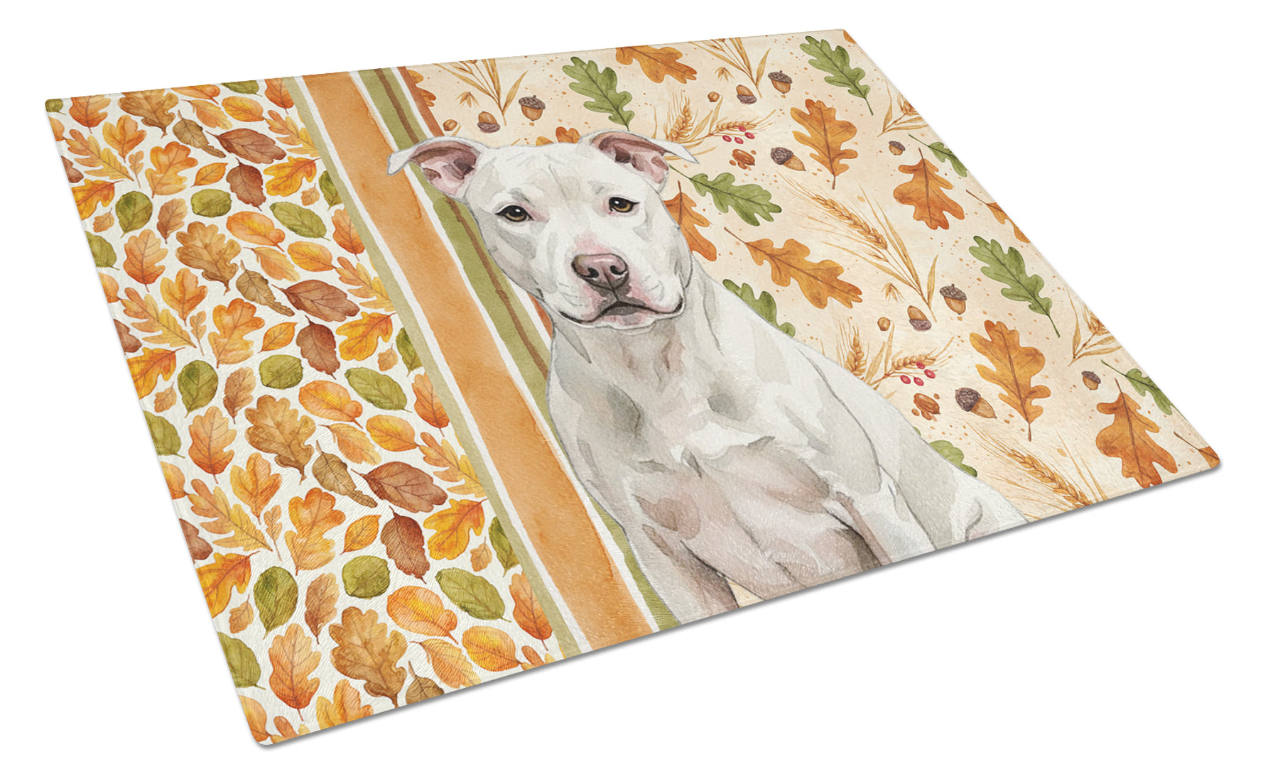 White Staffordshire Bull Terrier Heirloom Fall Cutting Board Tempered Glass Kitchen Cutting Surface, Heat Resistant Chopping, Non-Slip Feet, Food Prep & Serving