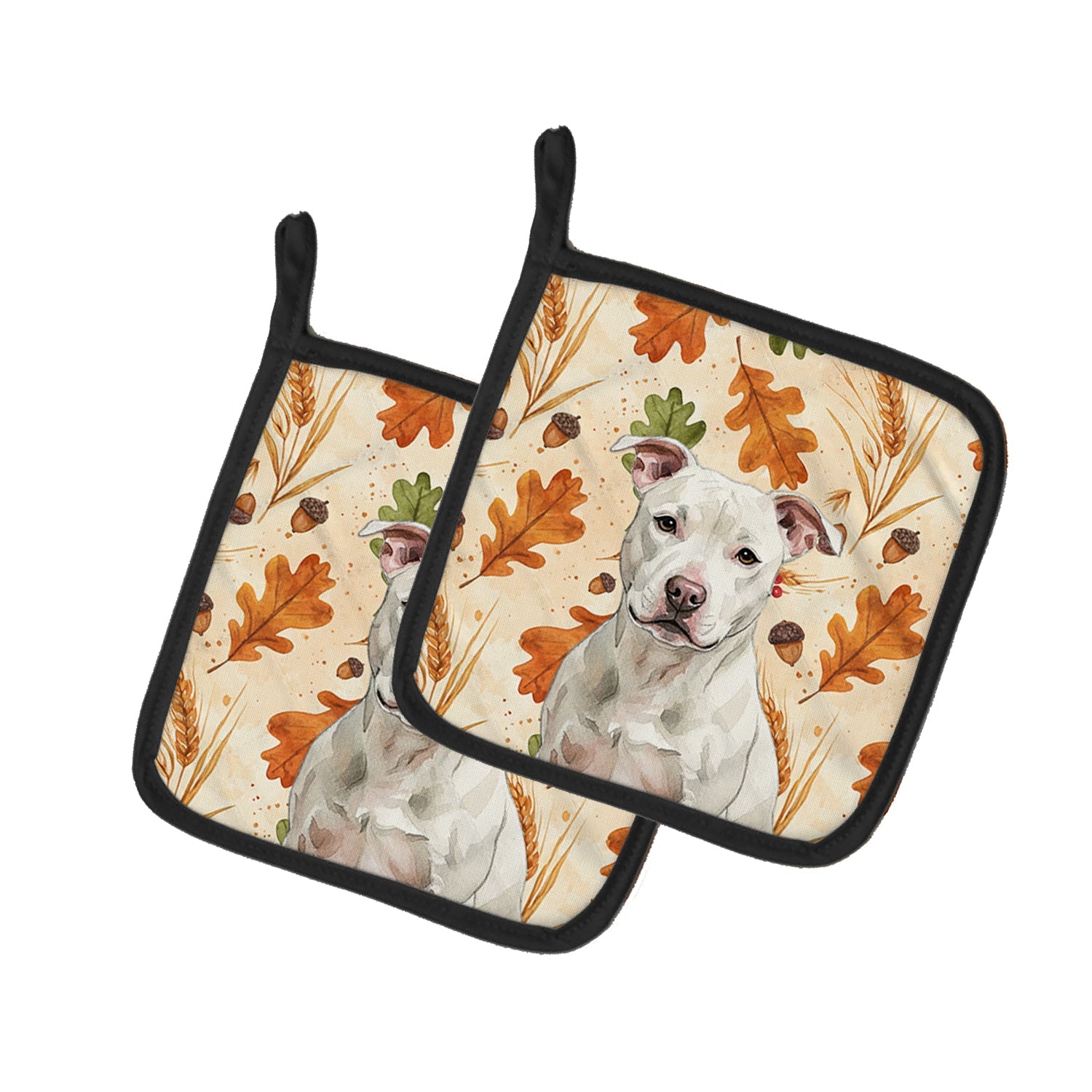 White Staffordshire Bull Terrier Heirloom Fall Pot Holder Set of 2 Heat Resistant Quilted Hot Pads 7.5 x 7.5 Inch, Insulated Kitchen Trivets for Cooking & Baking