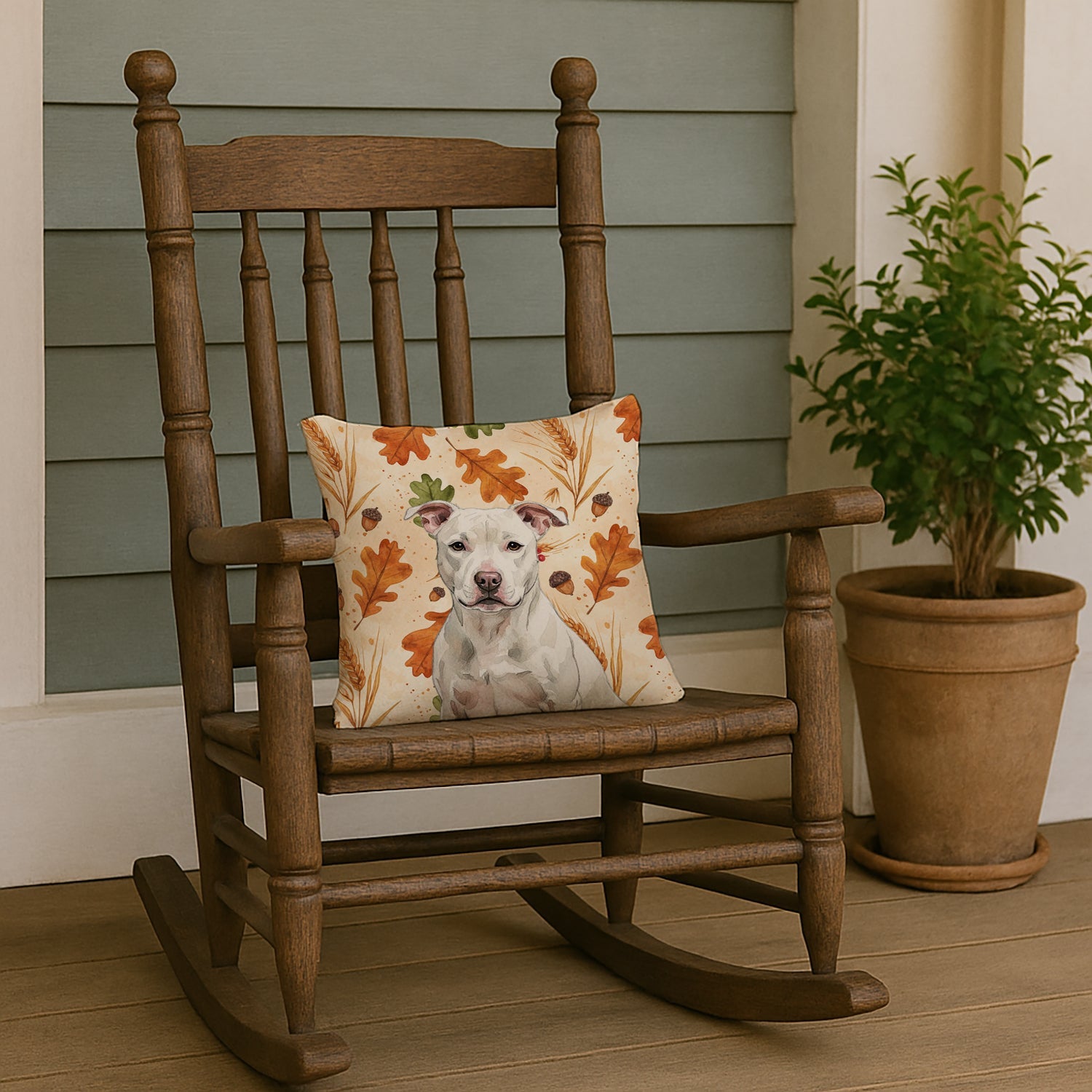 White Staffordshire Bull Terrier Heirloom Fall Decorative Throw Pillow 14x14 Indoor Outdoor Accent Cushion, Fabric Cover with Insert for Sofa, Bed, Porch & Living Room