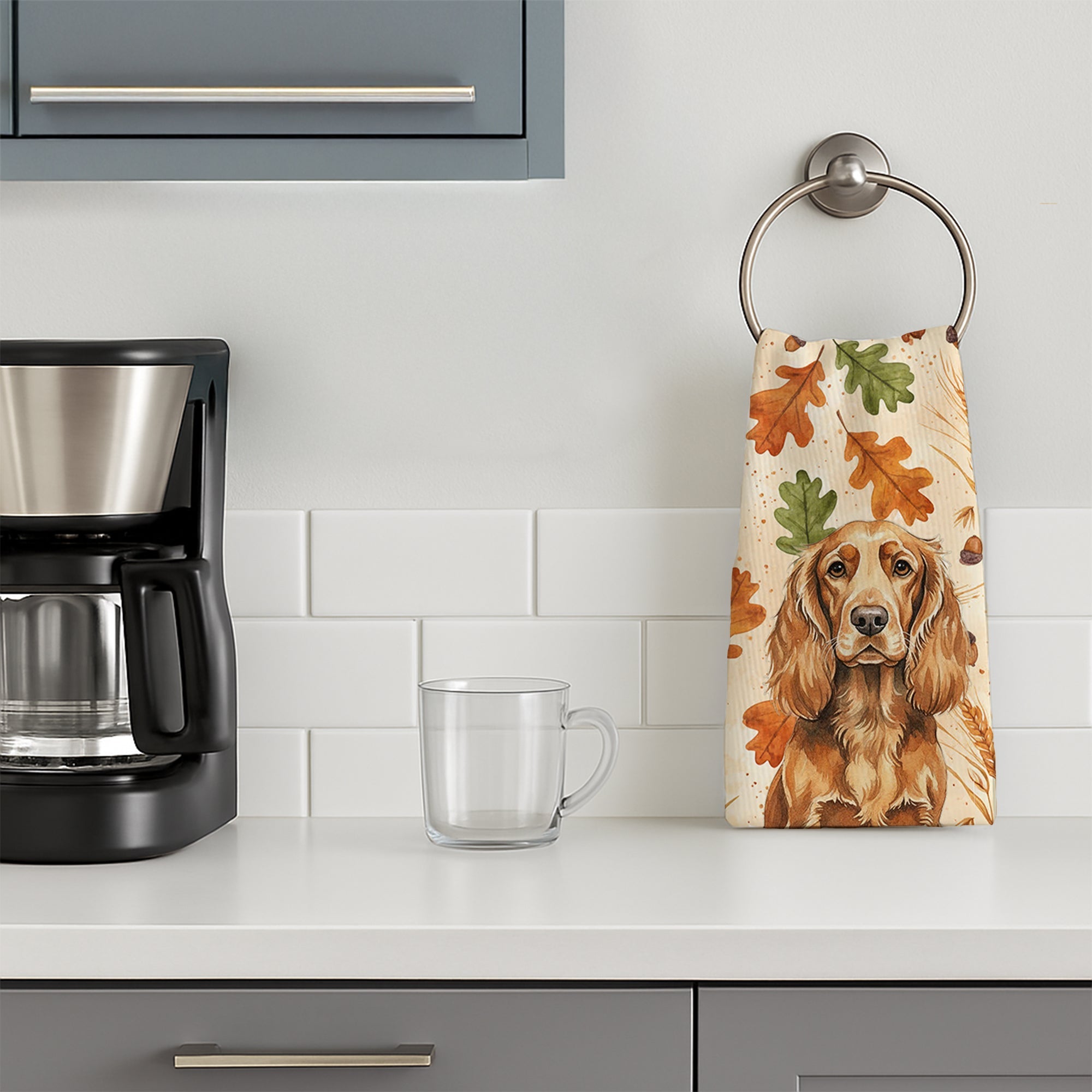 Sussex Spaniel Heirloom Fall Kitchen Towel Velour Plush Front and Cotton Loop Back Machine Washable