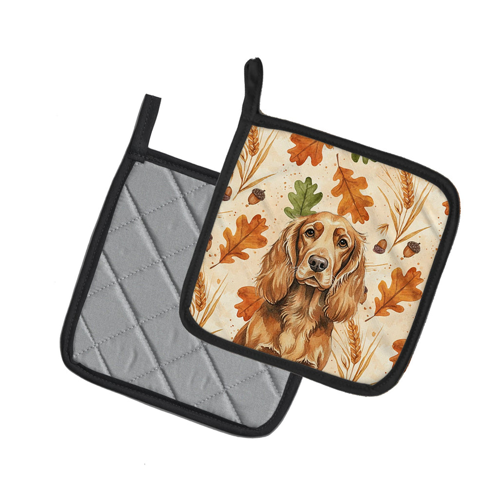 Sussex Spaniel Heirloom Fall Pot Holder Set of 2 Heat Resistant Quilted Hot Pads 7.5 x 7.5 Inch, Insulated Kitchen Trivets for Cooking & Baking
