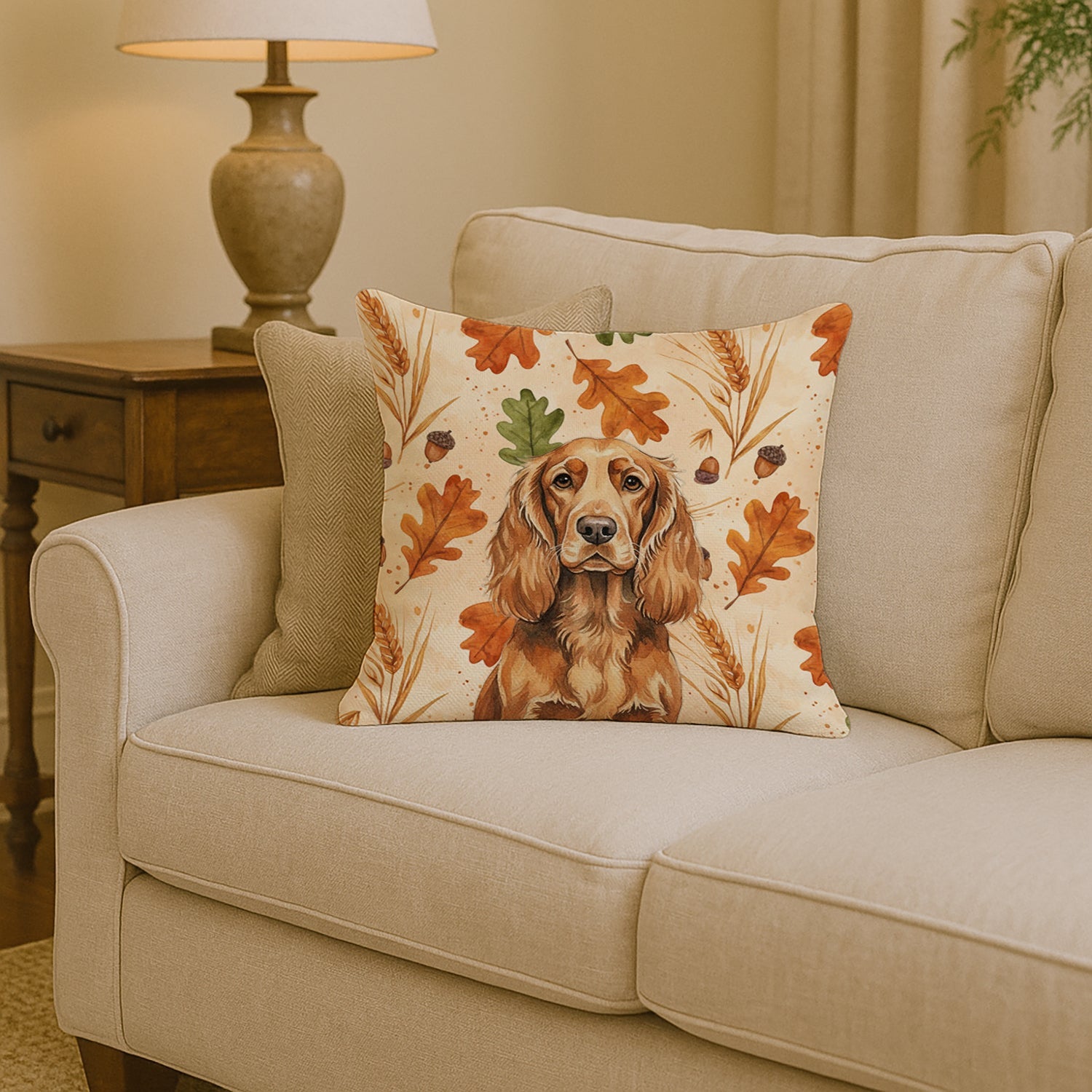 Sussex Spaniel Heirloom Fall Decorative Throw Pillow 14x14 Indoor Outdoor Accent Cushion, Fabric Cover with Insert for Sofa, Bed, Porch & Living Room
