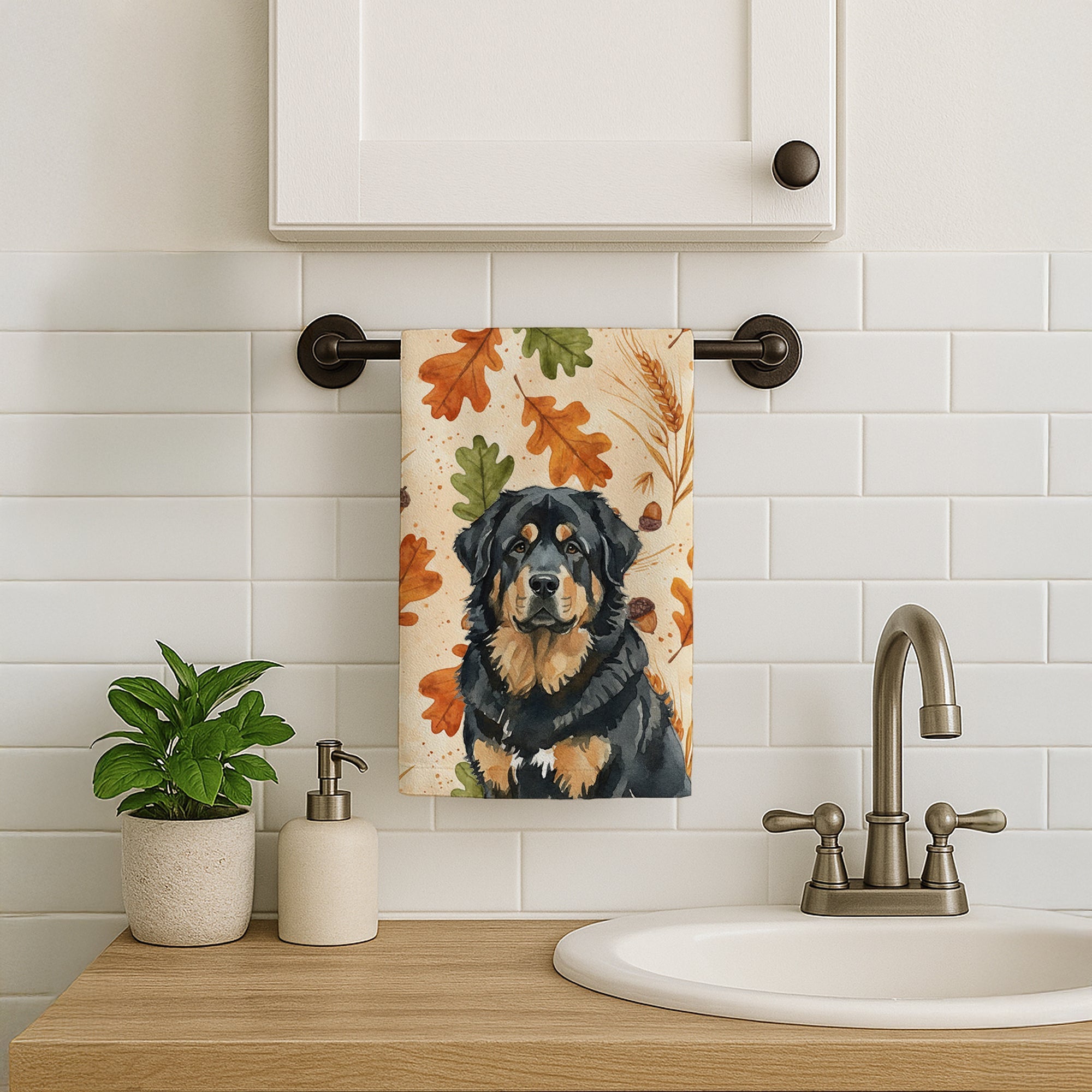 Black and Tan Tibetan Mastiff Heirloom Fall Kitchen Towel Velour Plush Front and Cotton Loop Back Machine Washable