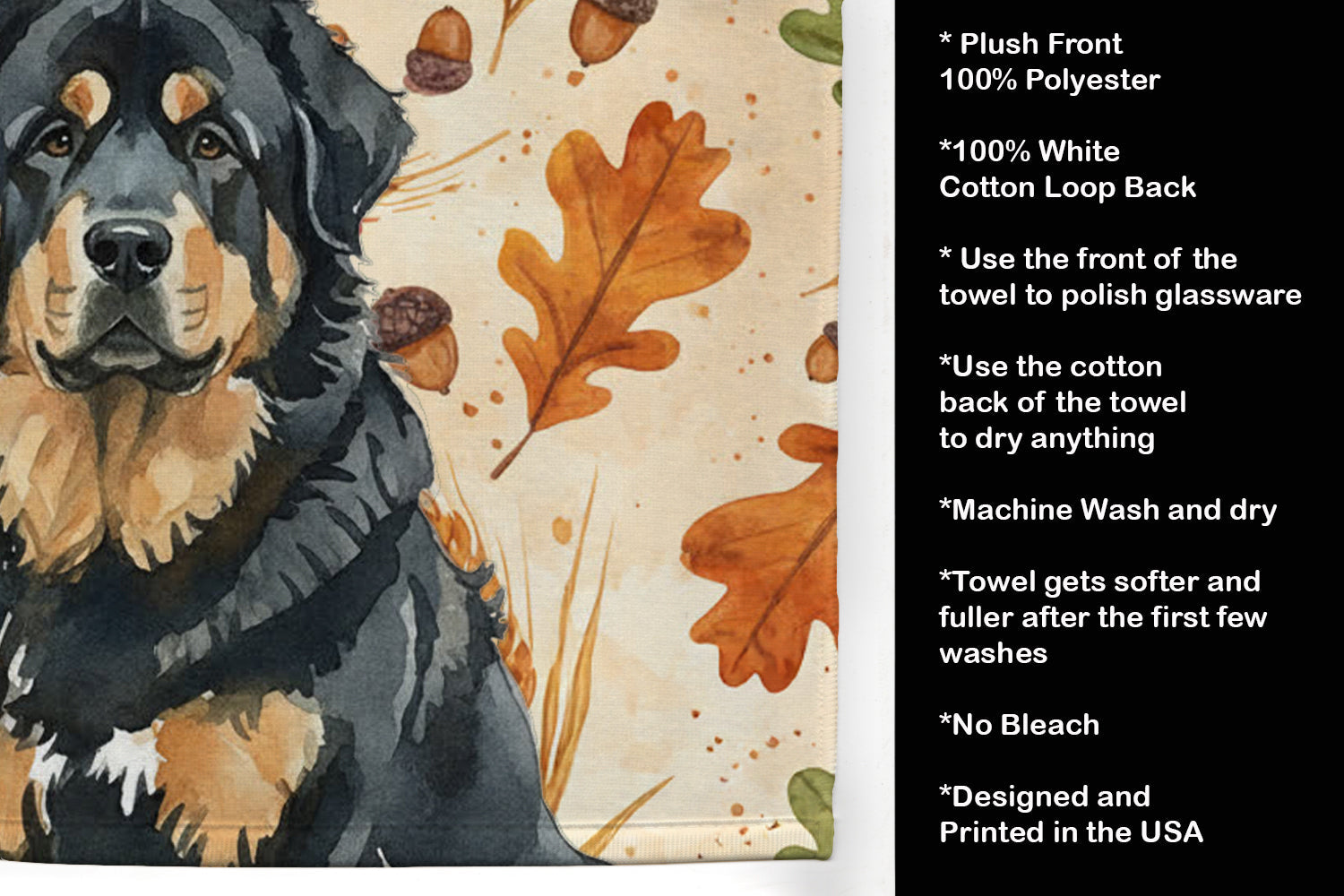Black and Tan Tibetan Mastiff Heirloom Fall Kitchen Towel Velour Plush Front and Cotton Loop Back Machine Washable