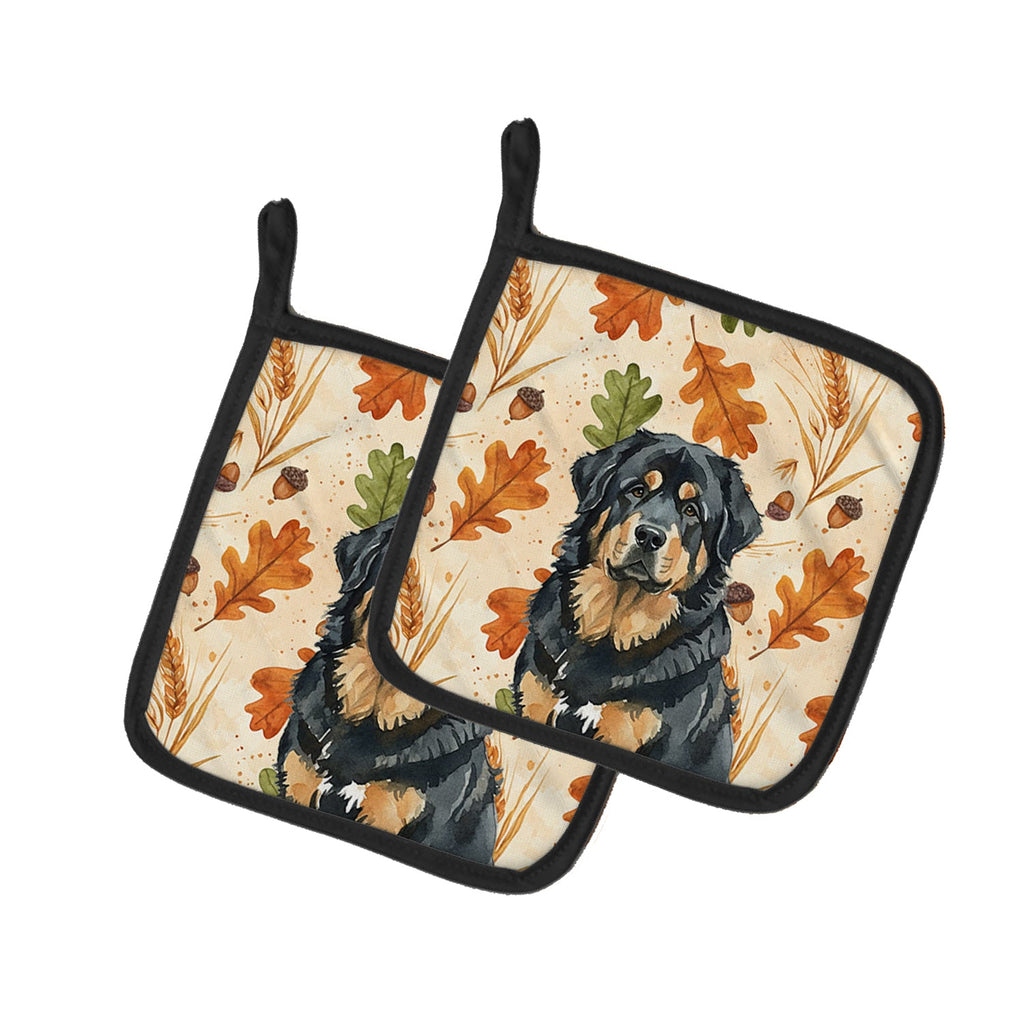 Black and Tan Tibetan Mastiff Heirloom Fall Pot Holder Set of 2 Heat Resistant Quilted Hot Pads 7.5 x 7.5 Inch, Insulated Kitchen Trivets for Cooking & Baking