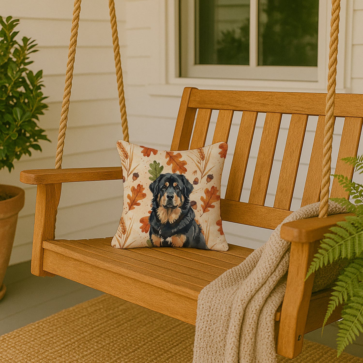Black and Tan Tibetan Mastiff Heirloom Fall Decorative Throw Pillow 14x14 Indoor Outdoor Accent Cushion, Fabric Cover with Insert for Sofa, Bed, Porch & Living Room