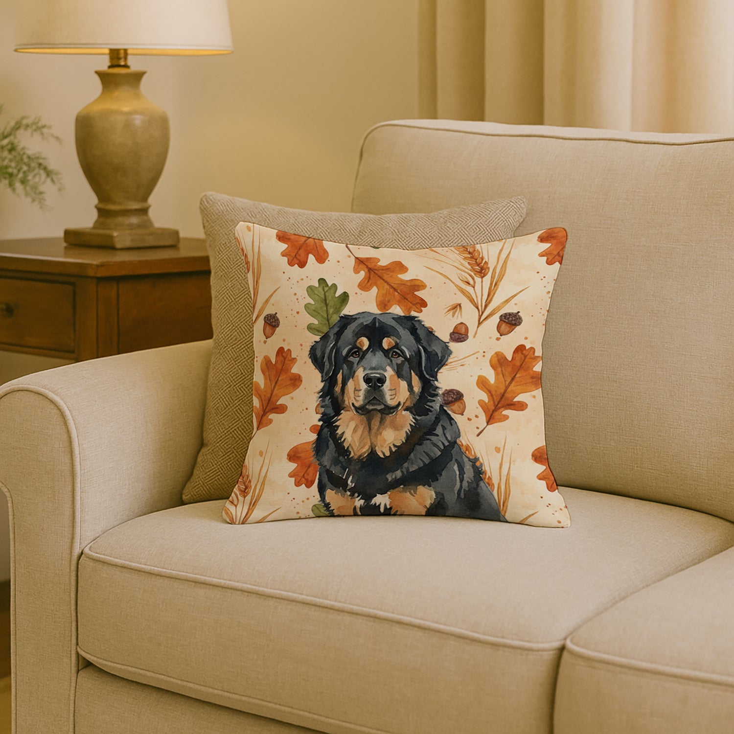 Black and Tan Tibetan Mastiff Heirloom Fall Decorative Throw Pillow 18x18 Indoor Outdoor Accent Cushion, Fabric Cover with Insert for Sofa, Bed, Porch & Living Room