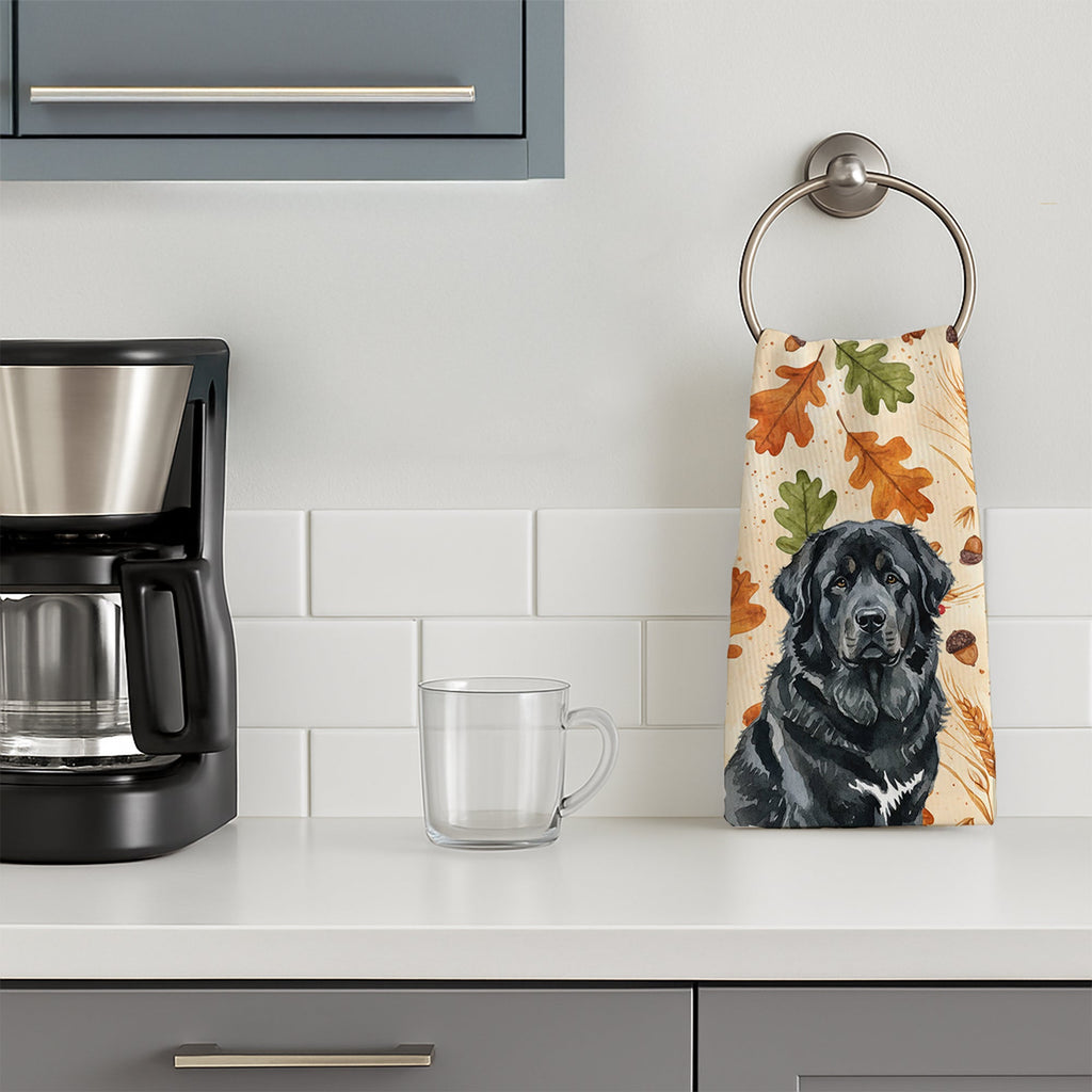 Black Tibetan Mastiff Heirloom Fall Kitchen Towel Velour Plush Front and Cotton Loop Back Machine Washable