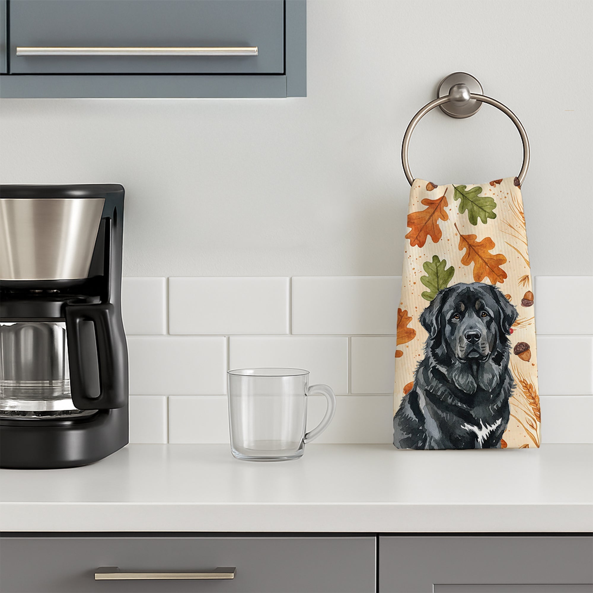 Black Tibetan Mastiff Heirloom Fall Kitchen Towel Velour Plush Front and Cotton Loop Back Machine Washable