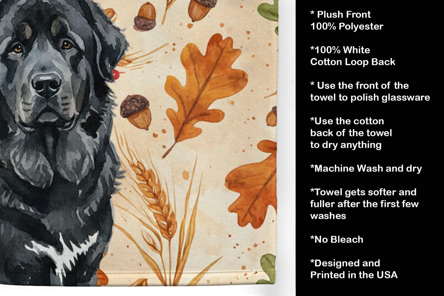 Black Tibetan Mastiff Heirloom Fall Kitchen Towel Velour Plush Front and Cotton Loop Back Machine Washable