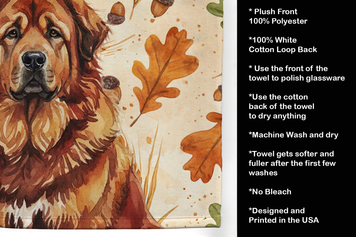 Red Gold Tibetan Mastiff Heirloom Fall Kitchen Towel Velour Plush Front and Cotton Loop Back Machine Washable