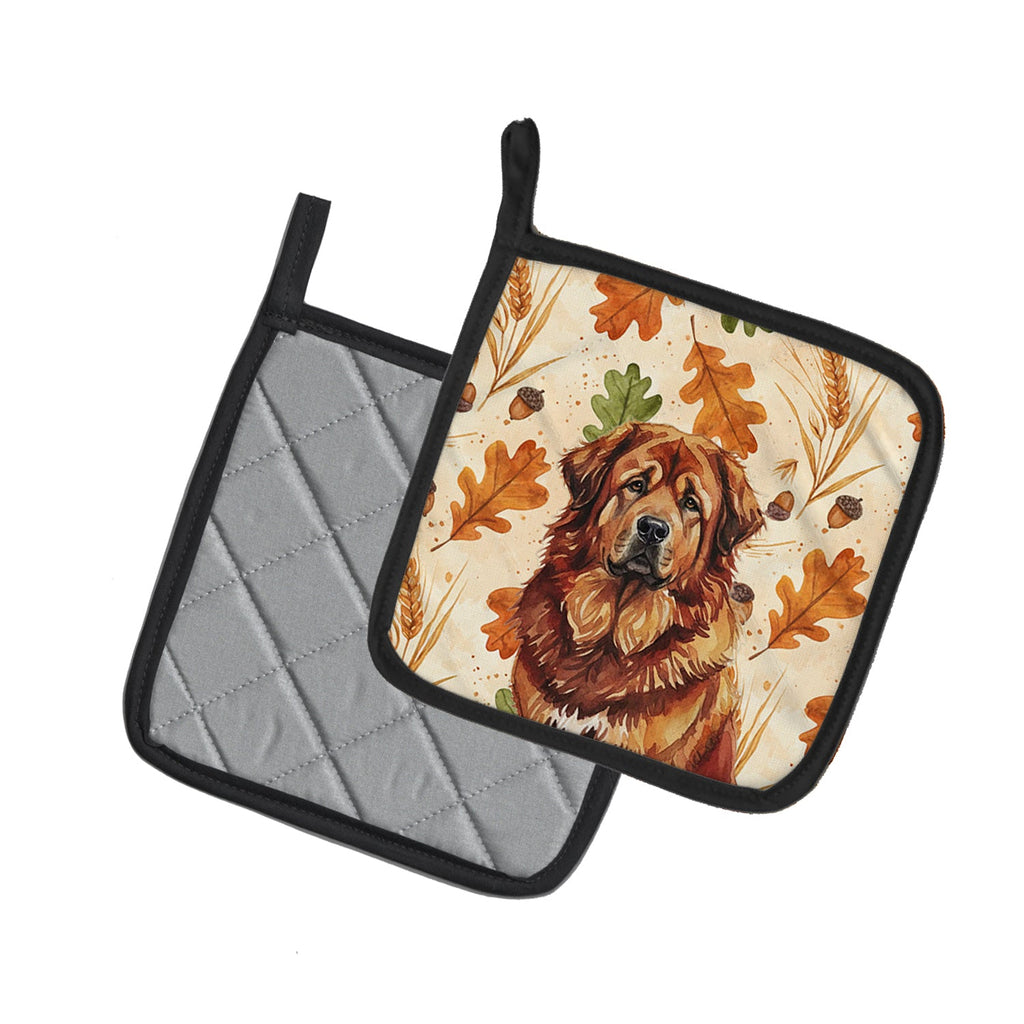 Red Gold Tibetan Mastiff Heirloom Fall Pot Holder Set of 2 Heat Resistant Quilted Hot Pads 7.5 x 7.5 Inch, Insulated Kitchen Trivets for Cooking & Baking