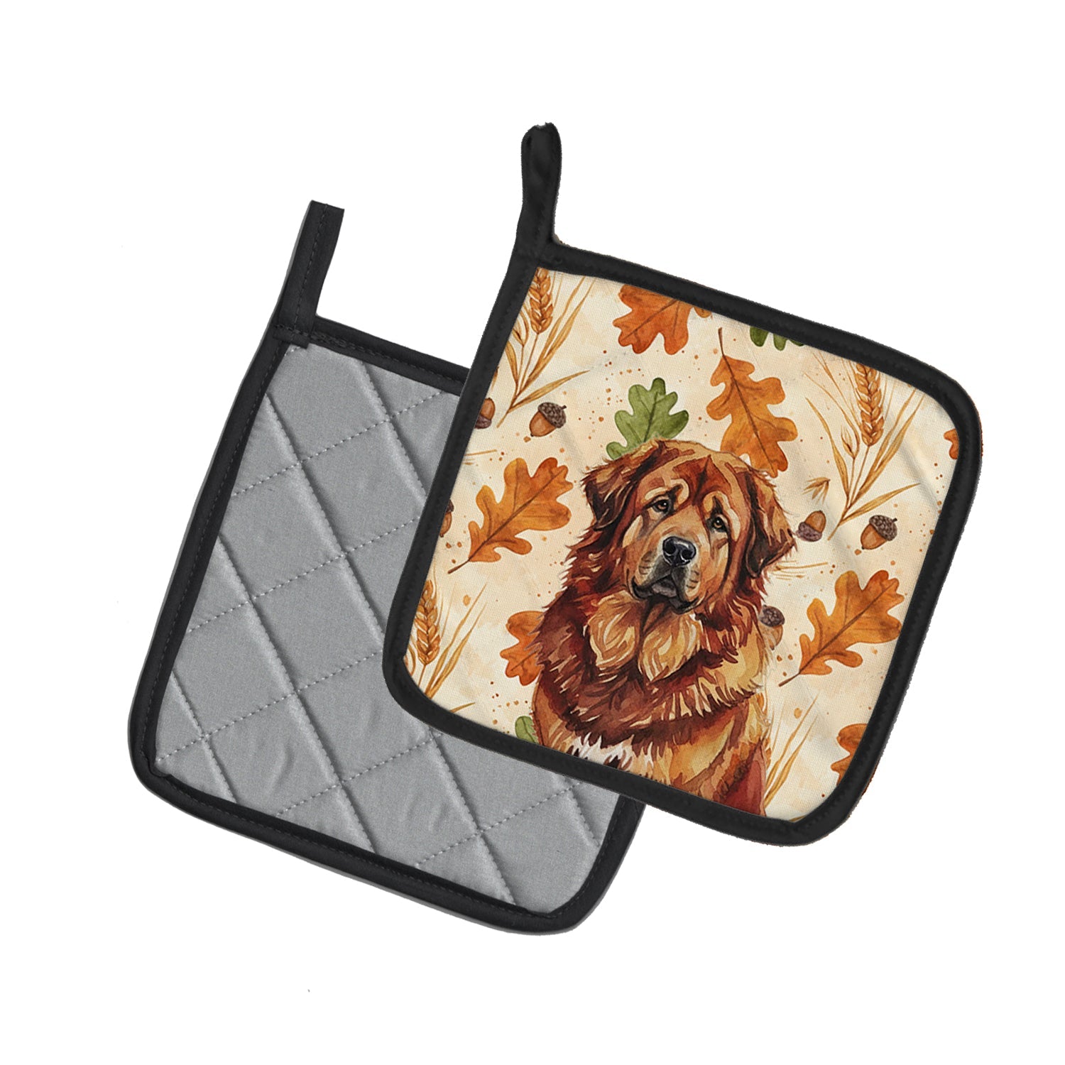 Red Gold Tibetan Mastiff Heirloom Fall Pot Holder Set of 2 Heat Resistant Quilted Hot Pads 7.5 x 7.5 Inch, Insulated Kitchen Trivets for Cooking & Baking