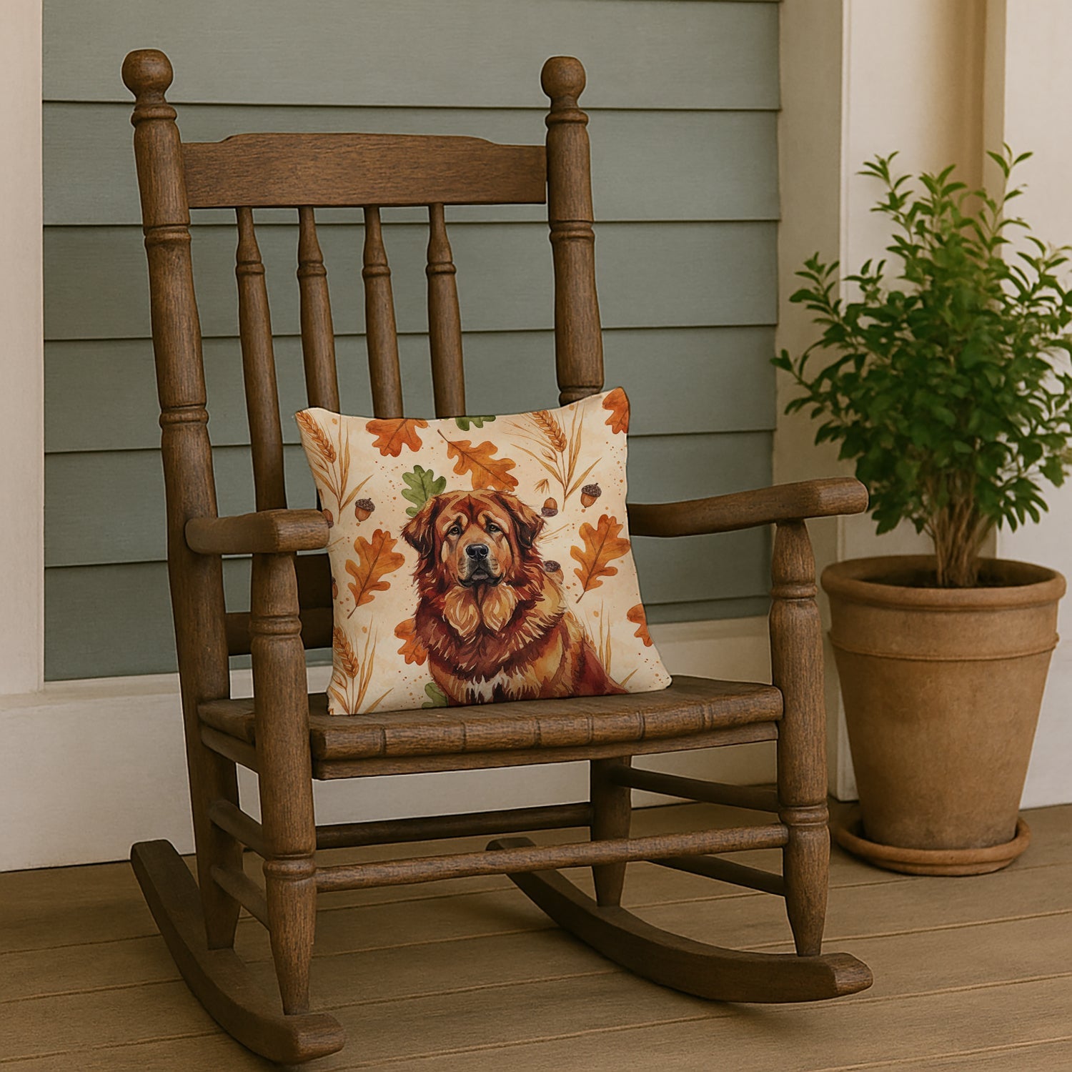 Red Gold Tibetan Mastiff Heirloom Fall Decorative Throw Pillow 14x14 Indoor Outdoor Accent Cushion, Fabric Cover with Insert for Sofa, Bed, Porch & Living Room