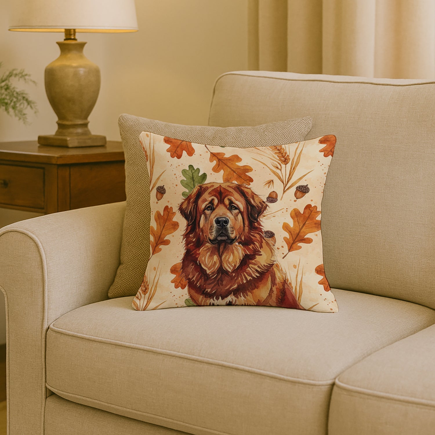 Red Gold Tibetan Mastiff Heirloom Fall Decorative Throw Pillow 18x18 Indoor Outdoor Accent Cushion, Fabric Cover with Insert for Sofa, Bed, Porch & Living Room