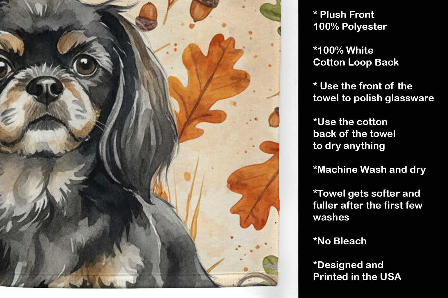 Black and Tan Tibetan Spaniel Heirloom Fall Kitchen Towel Velour Plush Front and Cotton Loop Back Machine Washable