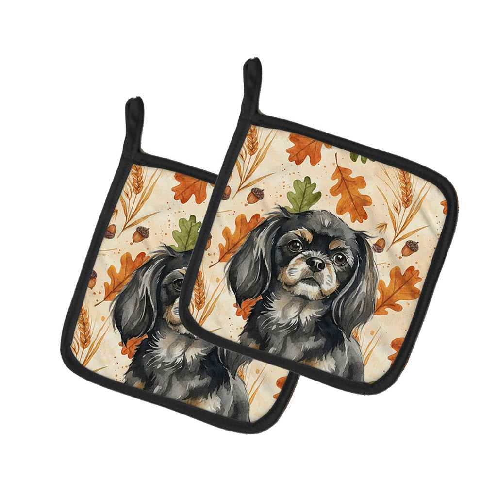 Black and Tan Tibetan Spaniel Heirloom Fall Pot Holder Set of 2 Heat Resistant Quilted Hot Pads 7.5 x 7.5 Inch, Insulated Kitchen Trivets for Cooking & Baking